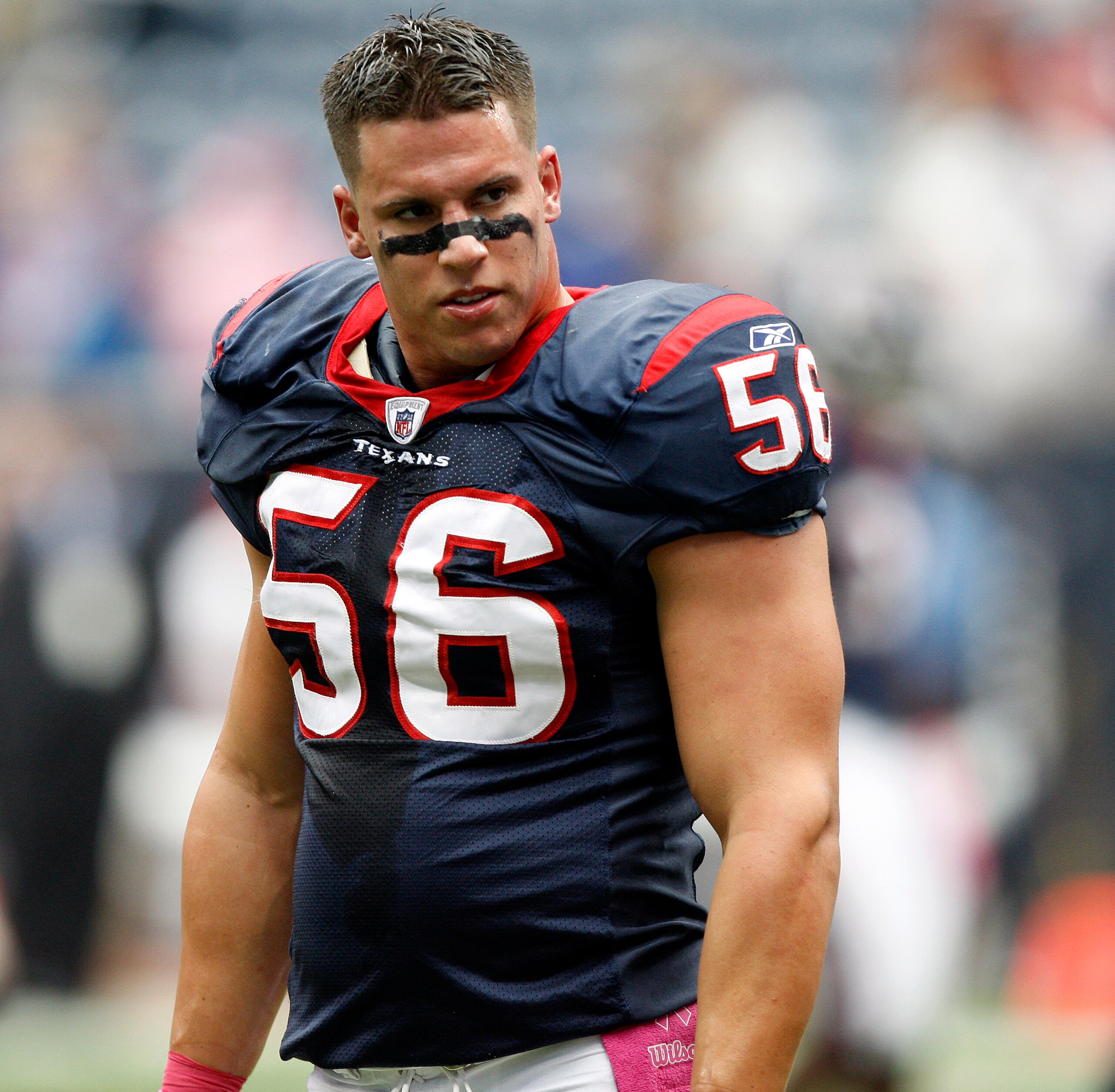 HOUSTON - OCTOBER 10:  Linebacker Brian Cushing #56 of the Houston Texans during warm ups before playing the New York Giants at Reliant Stadium on October 10, 2010 in Houston, Texas. Cushing is making his season debut after serving a four game suspension