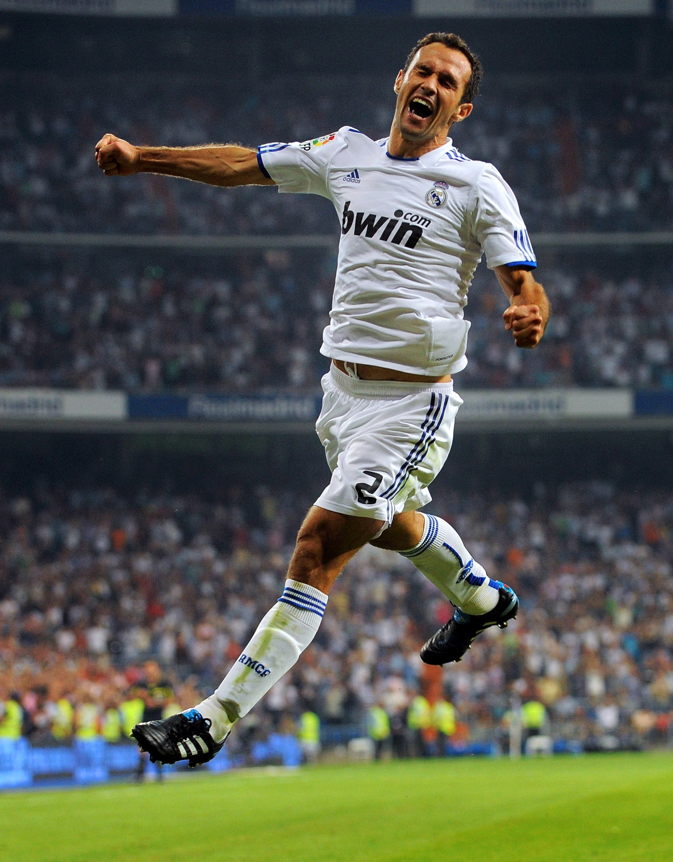 MADRID, SPAIN - SEPTEMBER 11: Ricardo Carvalho of Real Madrid celebrates after scoring his team's first goal during the La Liga match between Real Madrid and Osasuna at Estadio Santiago Bernabeu on September 11, 2010 in Madrid, Spain.  (Photo by Denis Doy