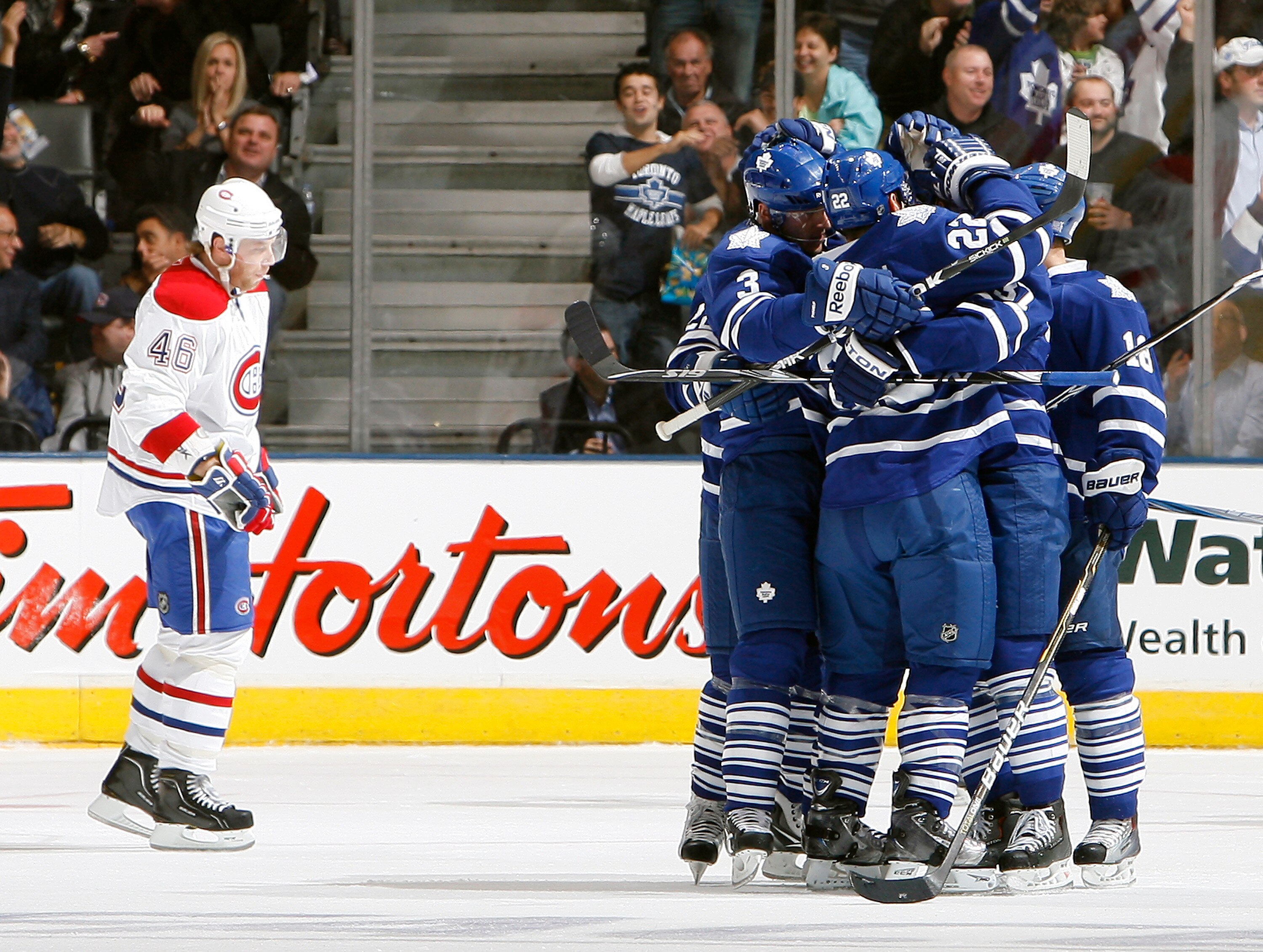 TORONTO - OCTOBER 7: Leafs celebrate Tim Brent of the Toronto Maple Leafs' goal against the Montreal Canadiens during a regular season NHL game against the Toronto Maple Leafs at the Air Canada Centre October 7, 2010 in Toronto, Ontario, Canada. (Photo by