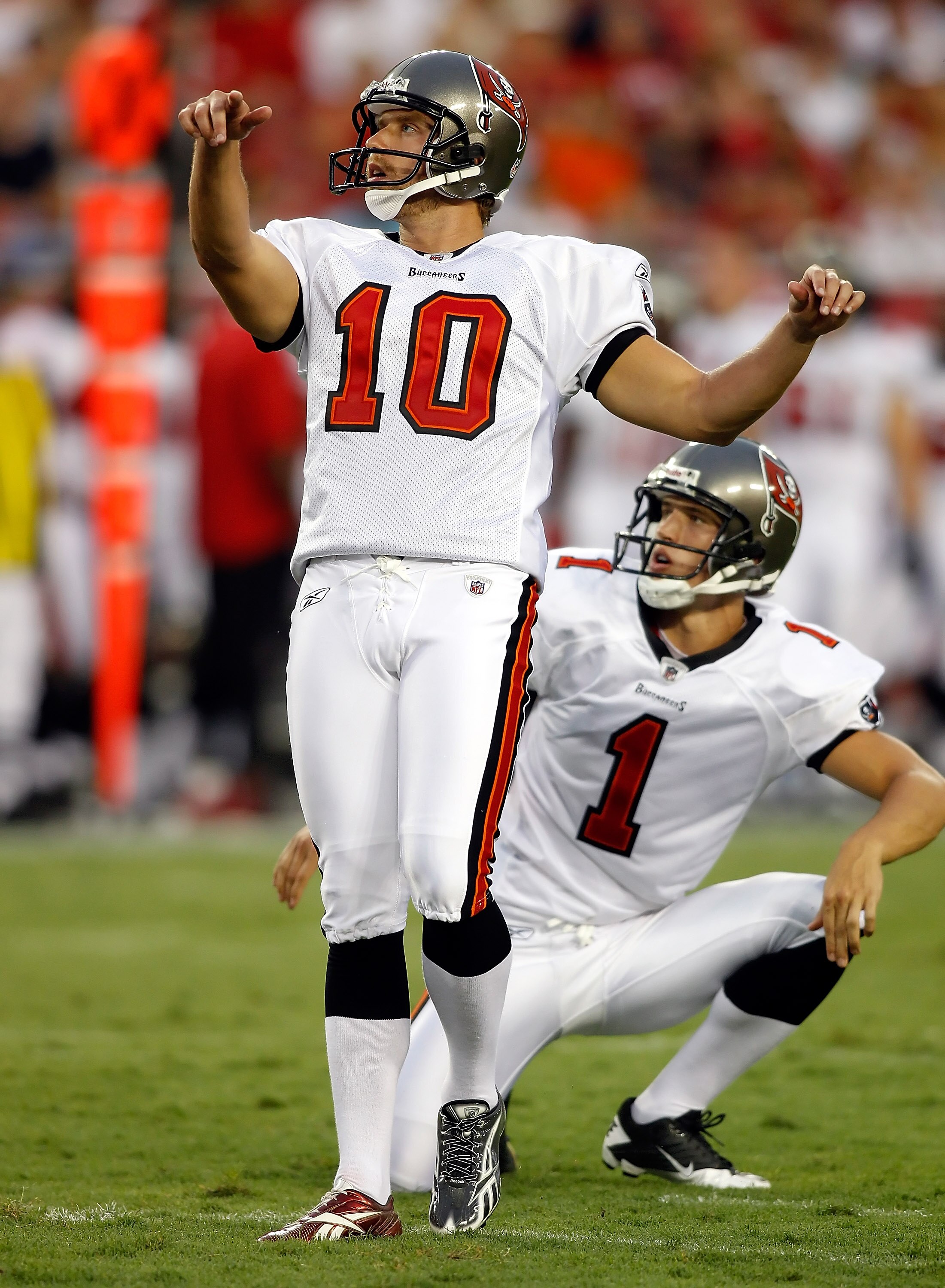 TAMPA, FL - AUGUST 21:  Kicker Connor Barth #10 of the Tampa Bay Buccaneers kicks a field goal against the Kansas City Chiefs during a preseason game at Raymond James Stadium on August 21, 2010 in Tampa, Florida.  (Photo by J. Meric/Getty Images)
