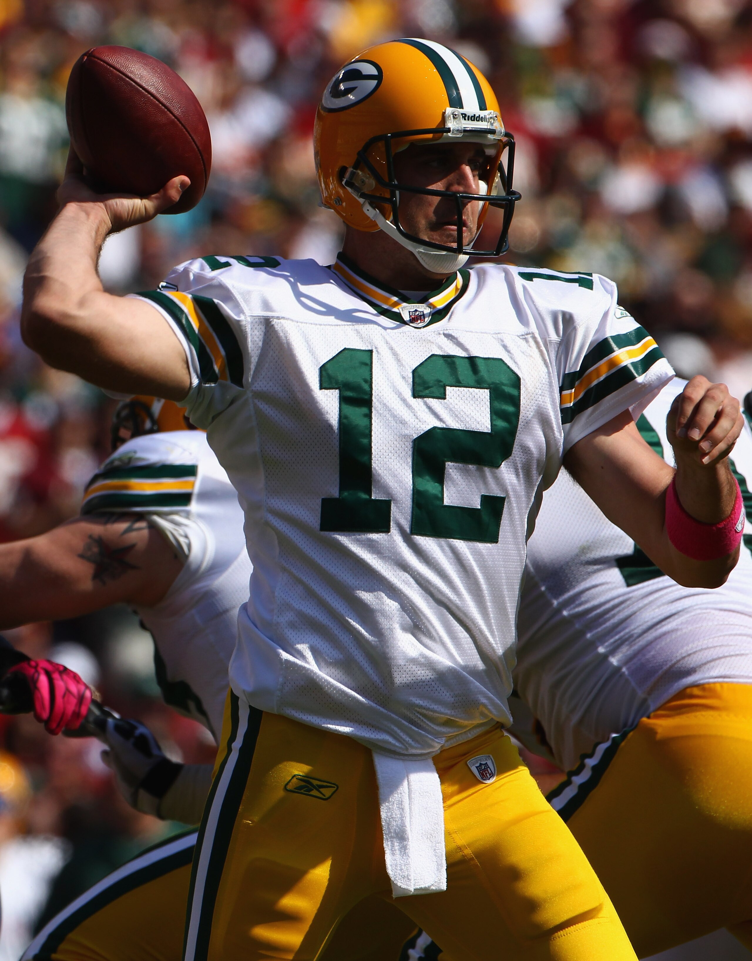 LANDOVER, MD - OCTOBER 10: Quarterback Aaron Rodgers #12 of the Green Bay Packers throws a pass against the Washington Redskins at FedExField on October 10, 2010 in Landover, Maryland. The Redskins won the game in overtime 16-13. (Photo by Win McNamee/G LANDOVER, MD - OCTOBER 10: Quarterback Aaron Rodgers #12 of the Green Bay Packers throws a pass against the Washington Redskins at FedExField on October 10, 2010 in Landover, Maryland. The Redskins won the game in overtime 16-13. (Photo by Win McNamee/G
