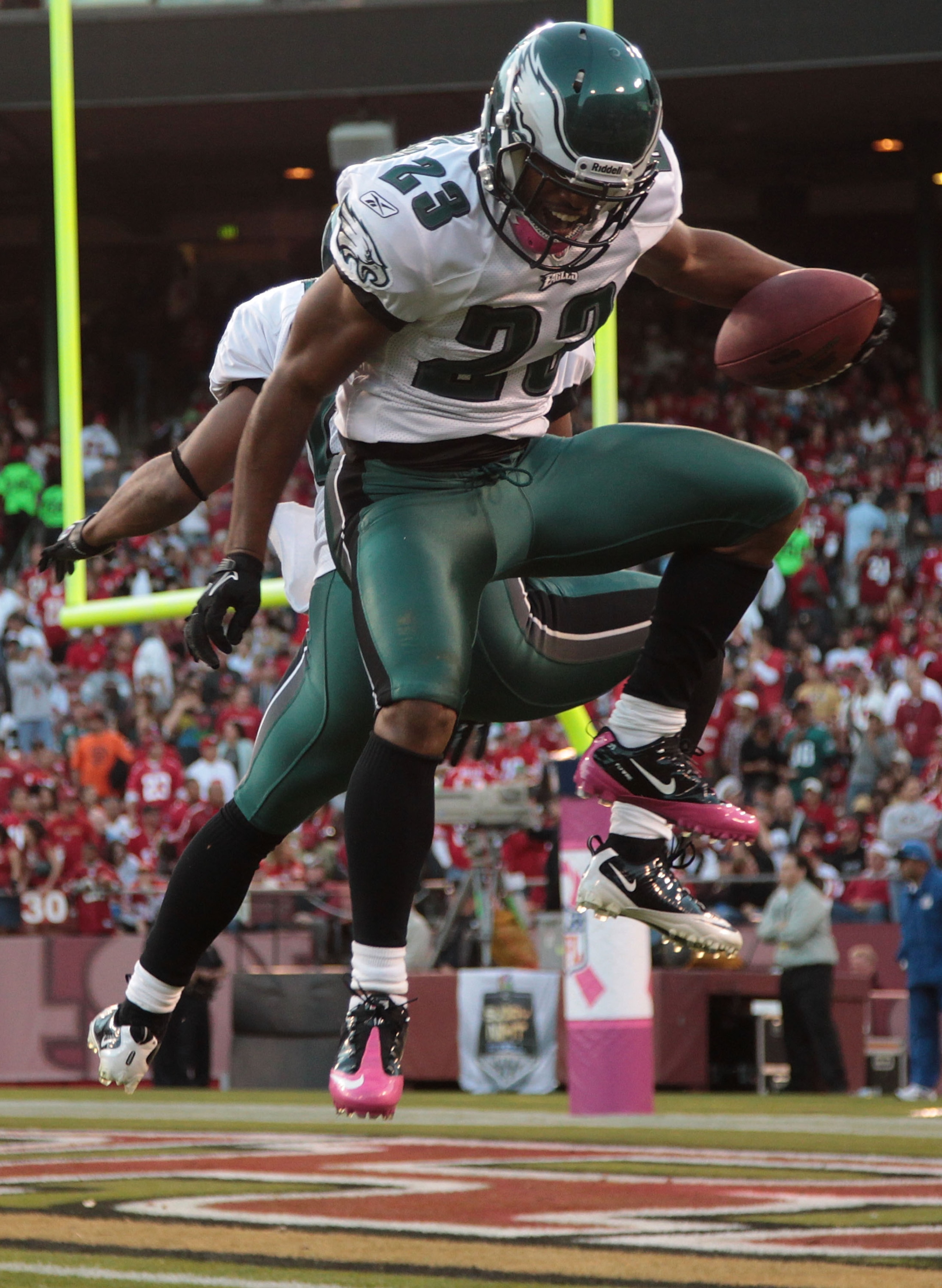 SAN FRANCISCO - OCTOBER 10:  Dimitri Patterson #23 of the Philadelphia Eagles celebrates after intercepting the ball against the San Francisco 49ers during an NFL game at Candlestick Park on October 10, 2010 in San Francisco, California.  (Photo by Jed Ja