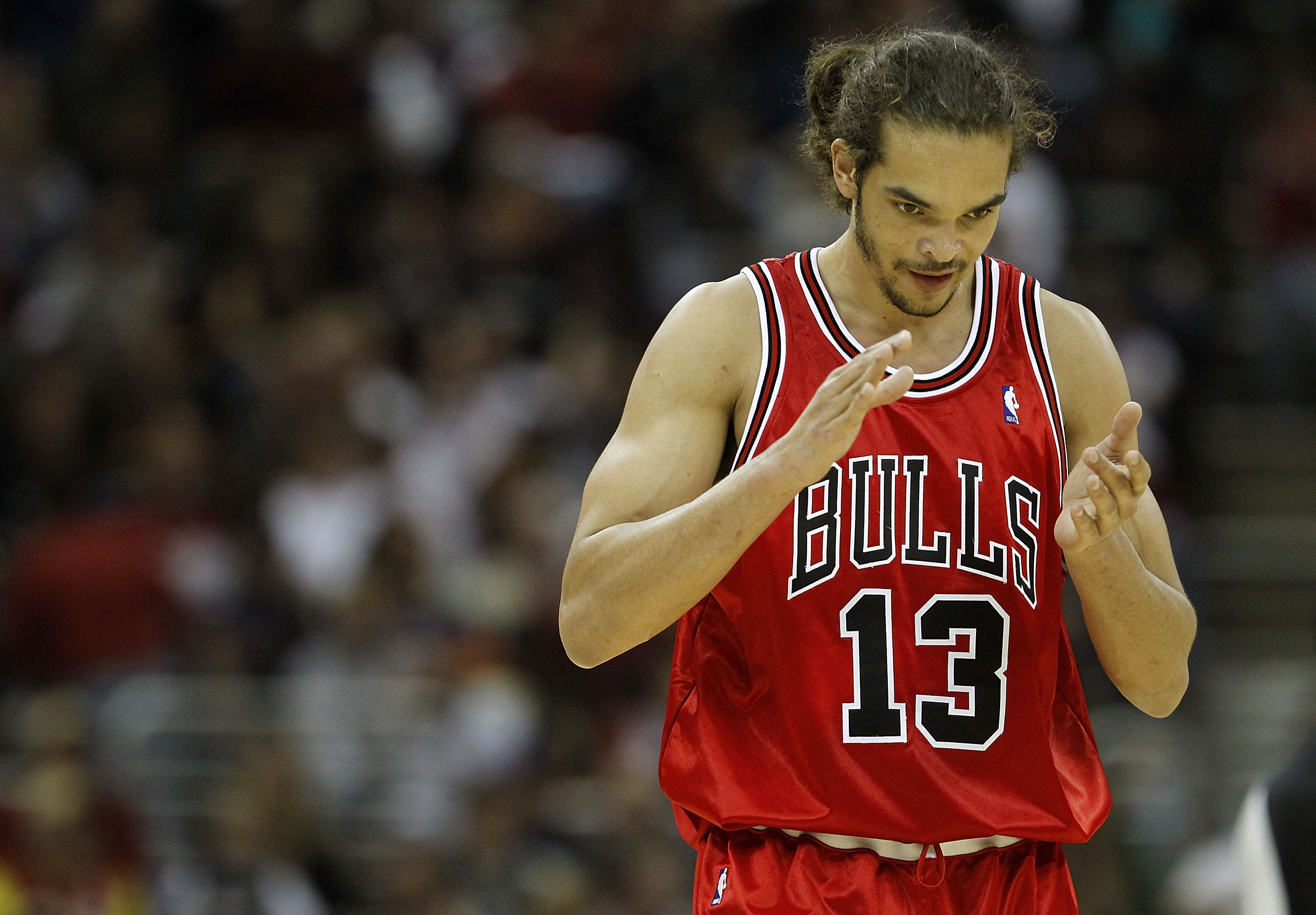 CLEVELAND - APRIL 19:  Joakim Noah #13  of the Chicago Bulls reacts after making a first quarter basket against the Cleveland Cavaliers in Game Two of the Eastern Conference Quarterfinals during the 2010 NBA Playoffs at Quicken Loans Arena on April 19, 20