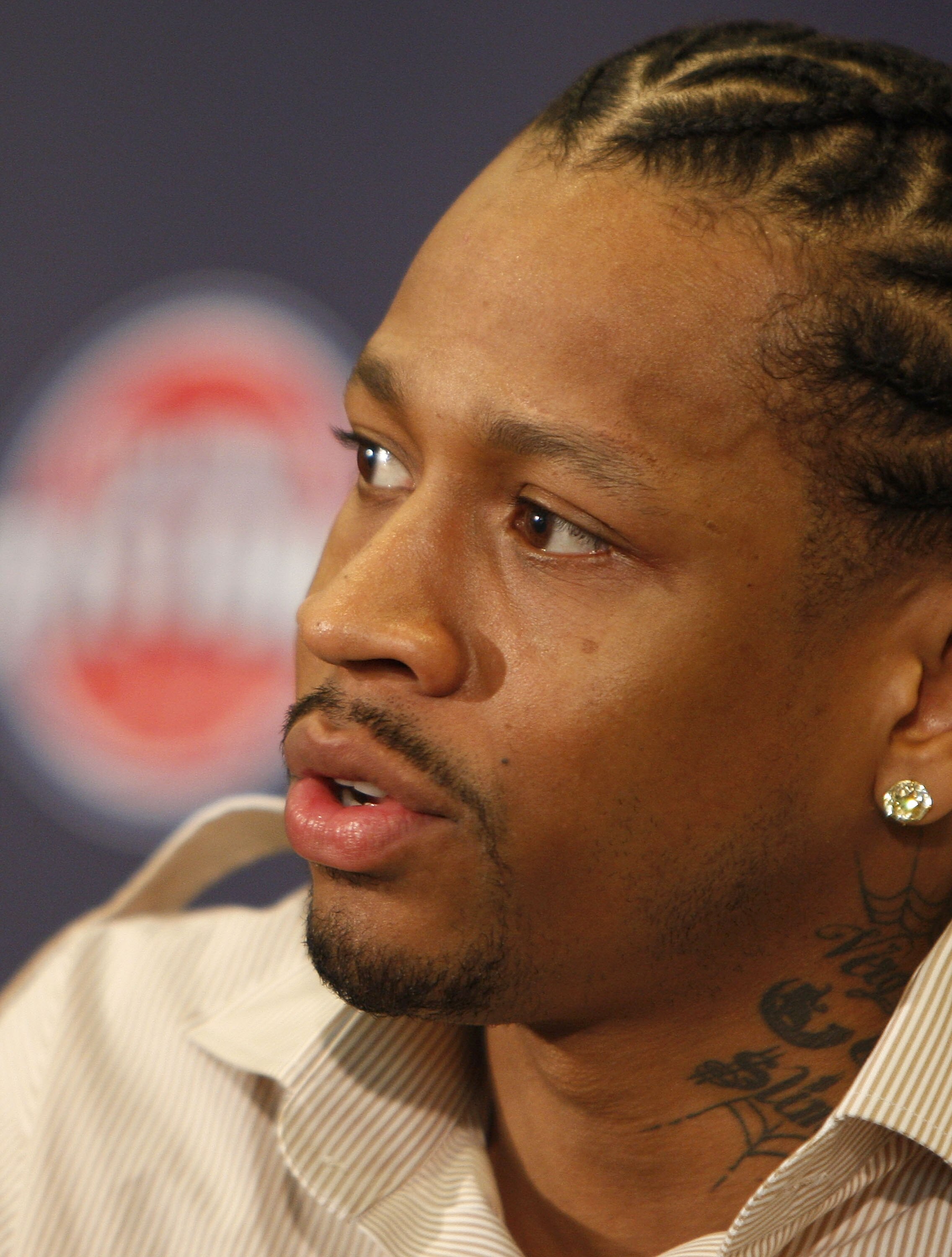 AUBURN HILLS, MI - NOVEMBER 04:  Allen Iverson #1 of the Detroit Pistons is introduced at press conference after being traded from the Denver Nuggets on November 4, 2008 at the Palace of Auburn Hills in Auburn Hills, Michigan. NOTE TO USER: User expressly