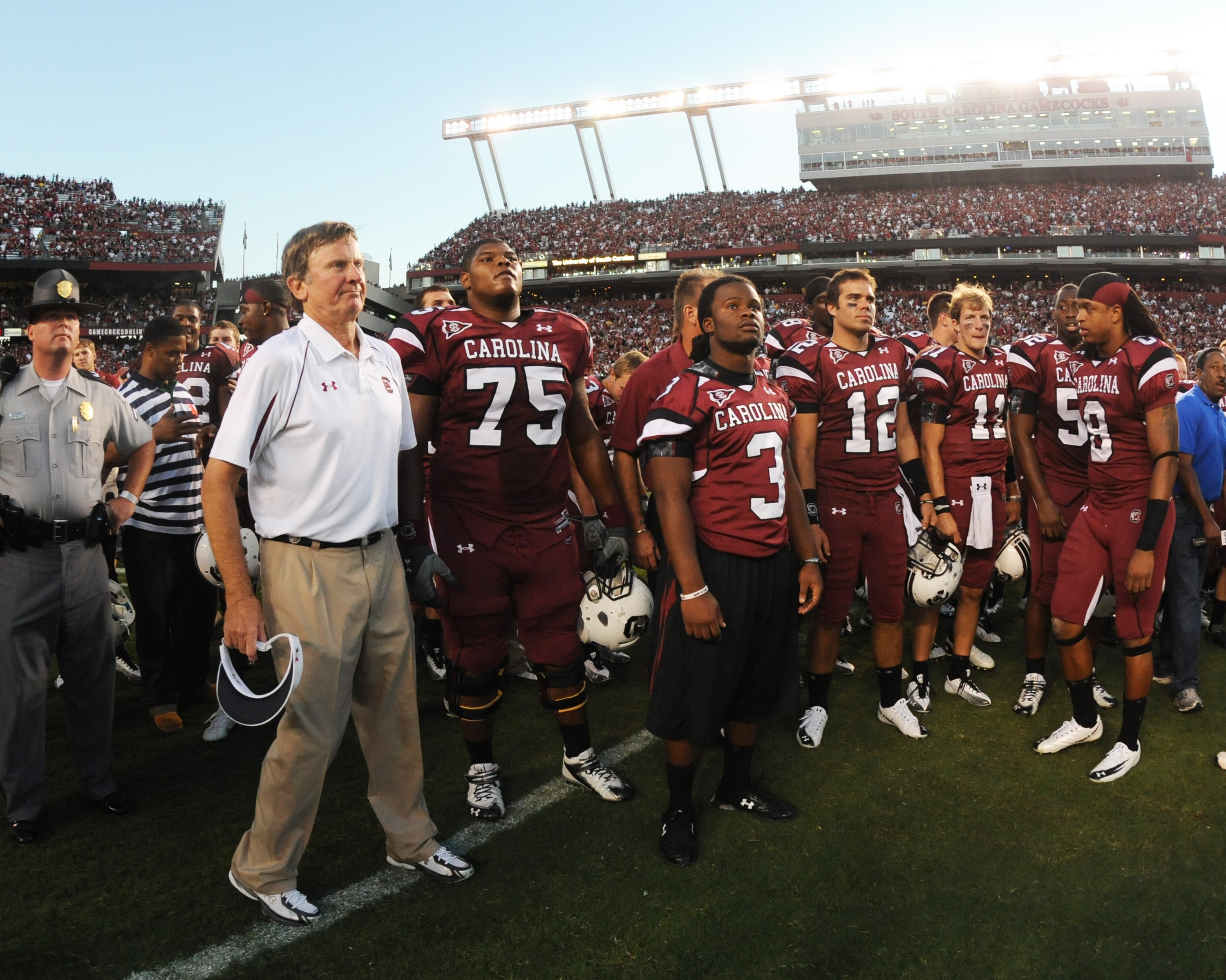 COLUMBIA, SC - OCTOBER 9: Coach Steve Spurrier of the South Carolina Gamecocks lines up with players after play against the Alabama Crimson Tide October 9, 2010 at Williams-Brice Stadium in Columbia, South Carolina.  (Photo by Al Messerschmidt/Getty Image