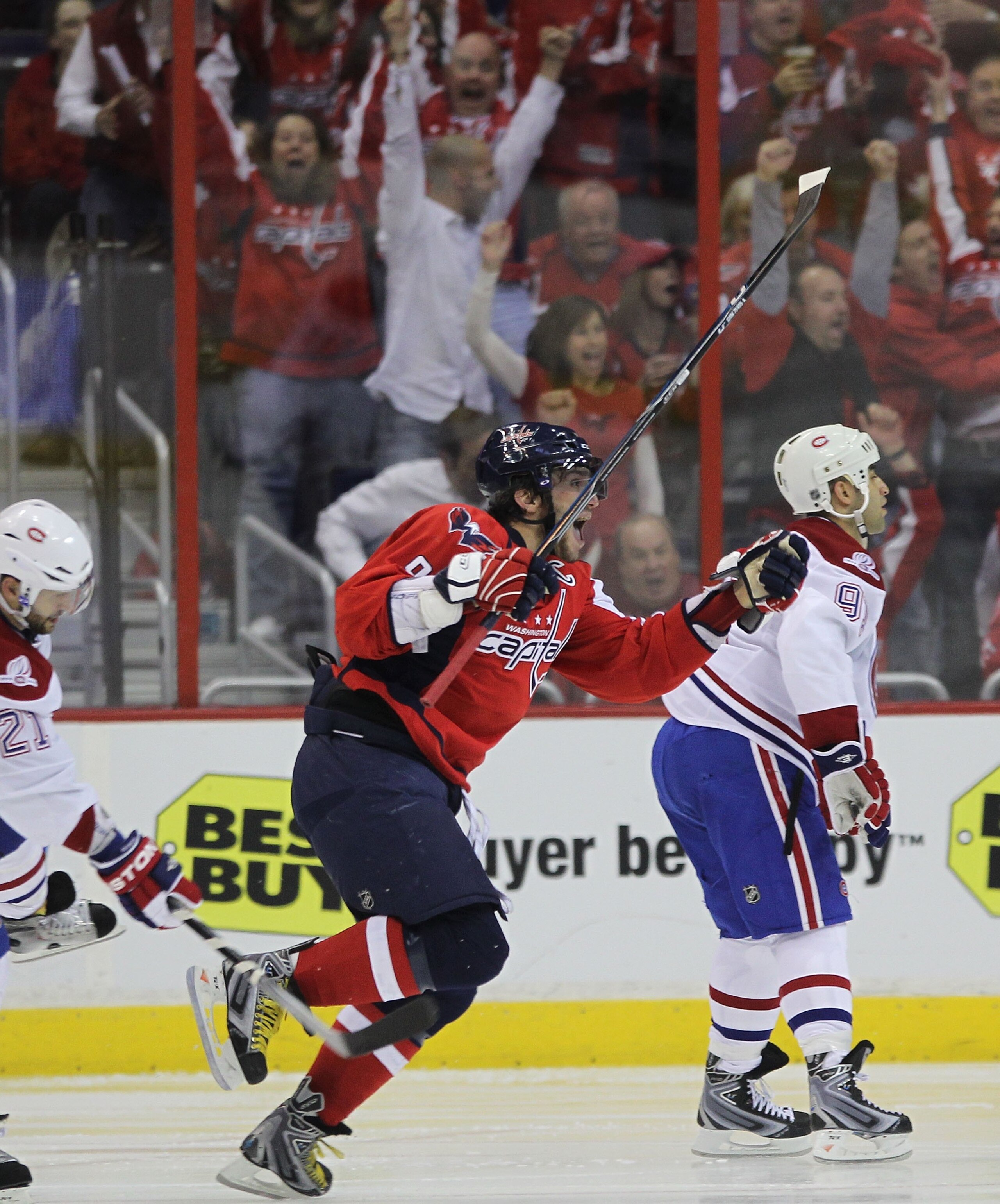WASHINGTON - APRIL 28:  Alex Ovechkin #8 of the Washington Capitals celebrates a goal which was later disallowed against the Montreal Canadiens in Game Seven of the Eastern Conference Quarterfinals during the 2010 NHL Stanley Cup Playoffs at the Verizon C