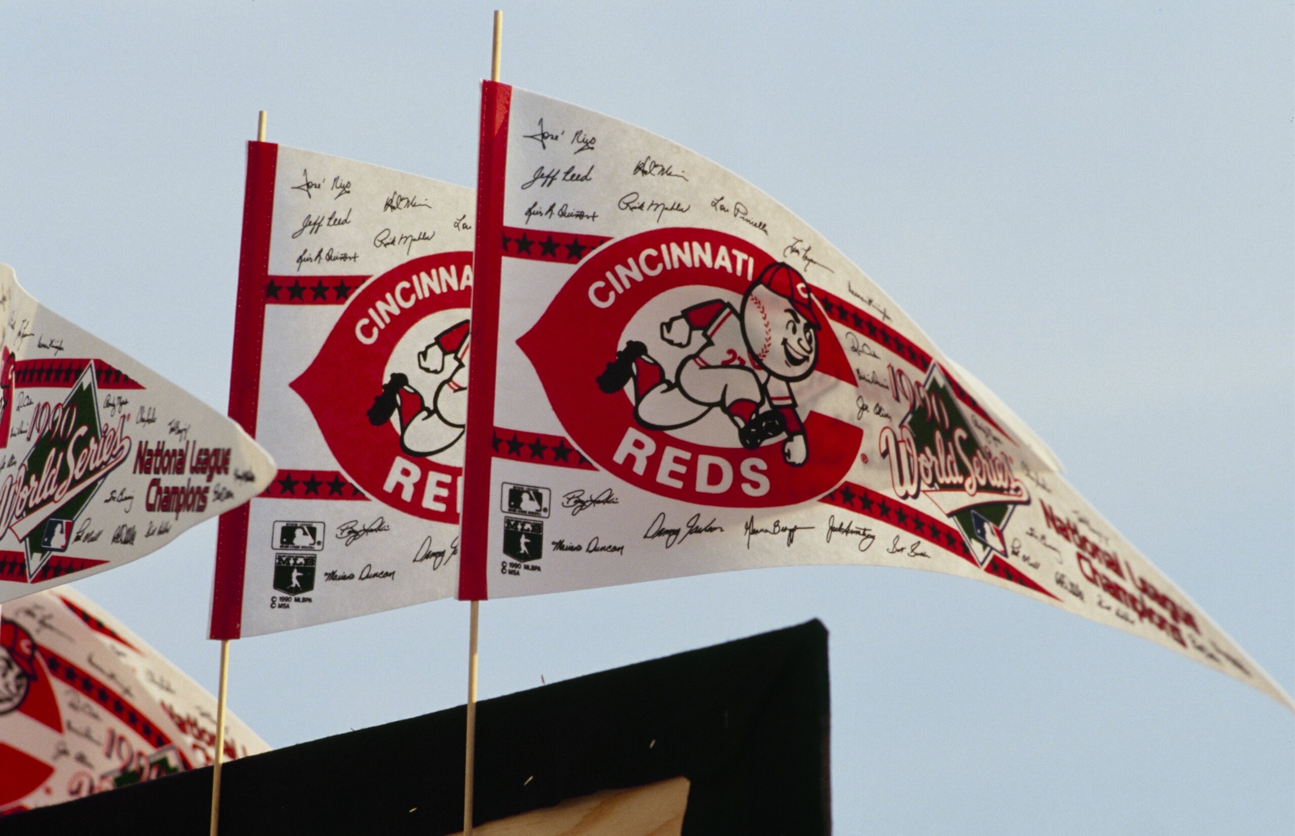 CINCINNATI - OCTOBER 1990:  Cincinnati Reds pennants are shown during the 1990 World Series against the Oakland Athletics at Riverfront Stadium in October 1990 in Cincinnati, Ohio. (Photo by Jonathan Daniel/Getty Images)