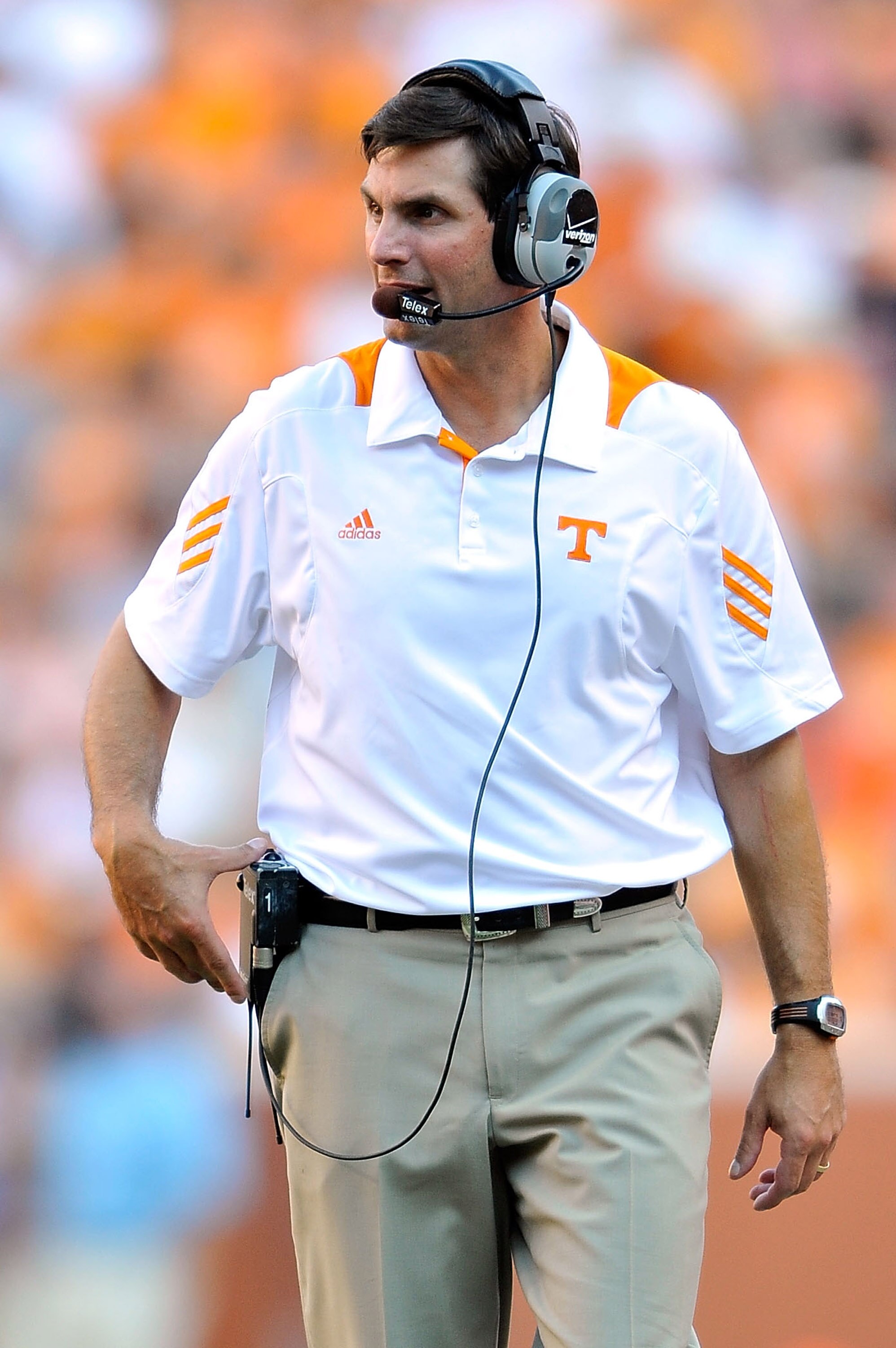 KNOXVILLE, TN - SEPTEMBER 18:  Coach Derek Dooley of the Tennessee Volunteers watches his team in action against the Florida Gators  at Neyland Stadium on September 18, 2010 in Knoxville, Tennessee. Florida won 31-17.  (Photo by Grant Halverson/Getty Imag