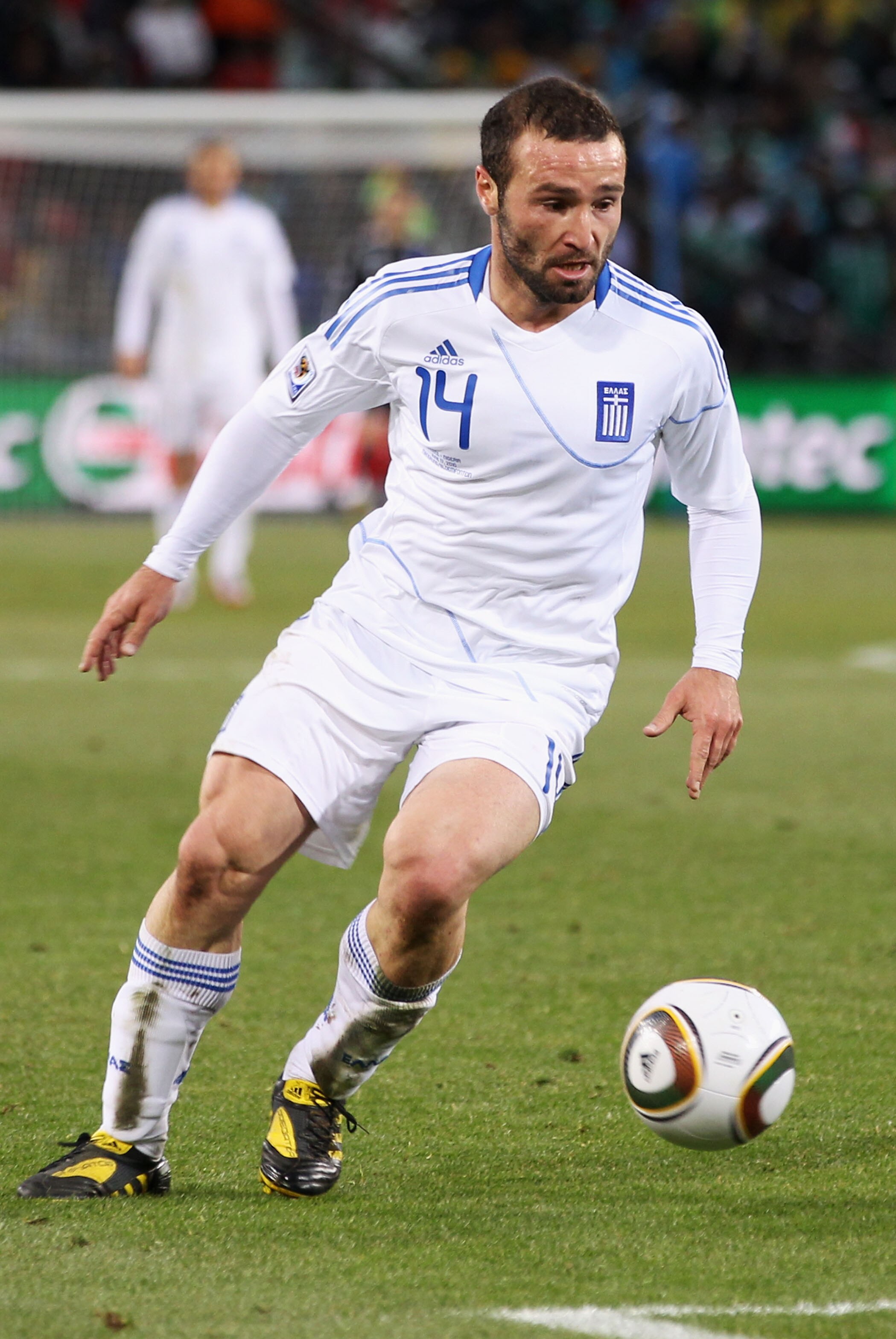 BLOEMFONTEIN, SOUTH AFRICA - JUNE 17:  Dimitrios Salpingidis of Greece in action during the 2010 FIFA World Cup South Africa Group B match between Greece and Nigeria at the Free State Stadium on June 17, 2010 in Mangaung/Bloemfontein, South Africa.  (Phot