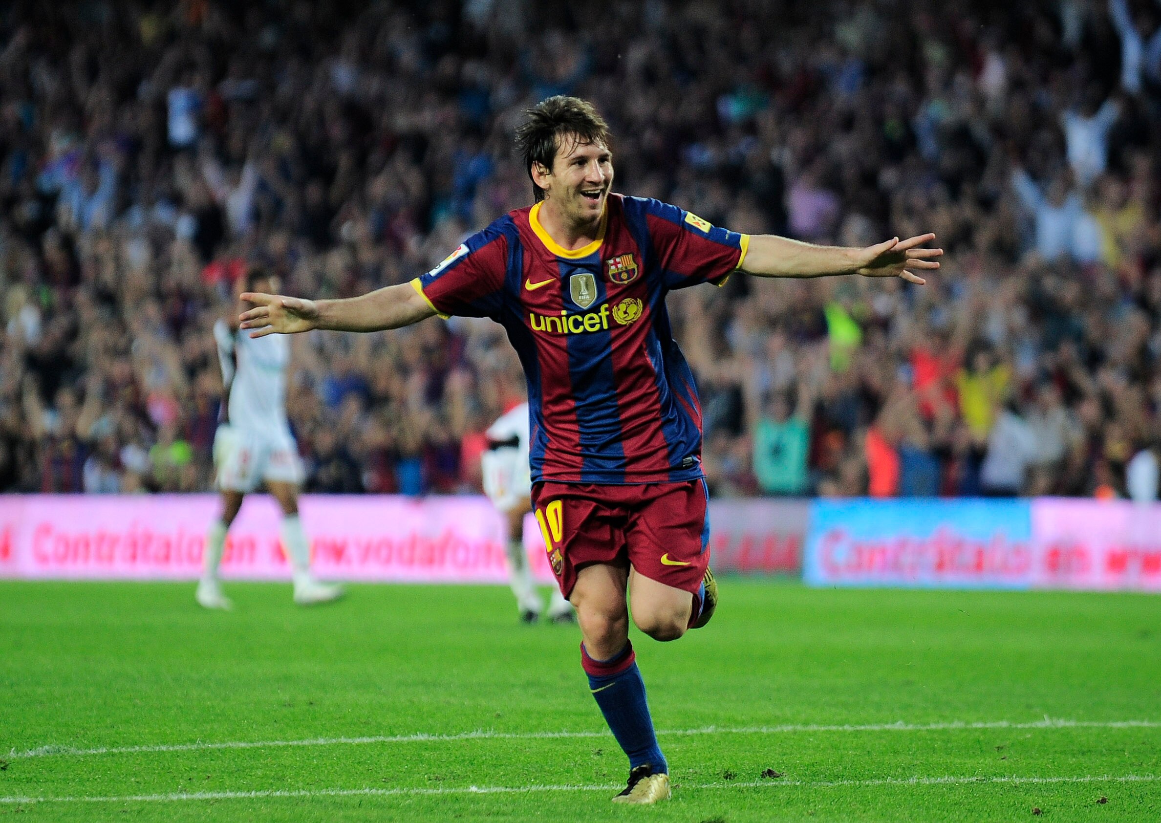 BARCELONA, SPAIN - OCTOBER 03:  Lionel Messi of Barcelona celebrates after scoring during the La Liga match between Barcelona and Mallorca at the Camp Nou stadium on October 3, 2010 in Barcelona, Spain.  (Photo by David Ramos/Getty Images)