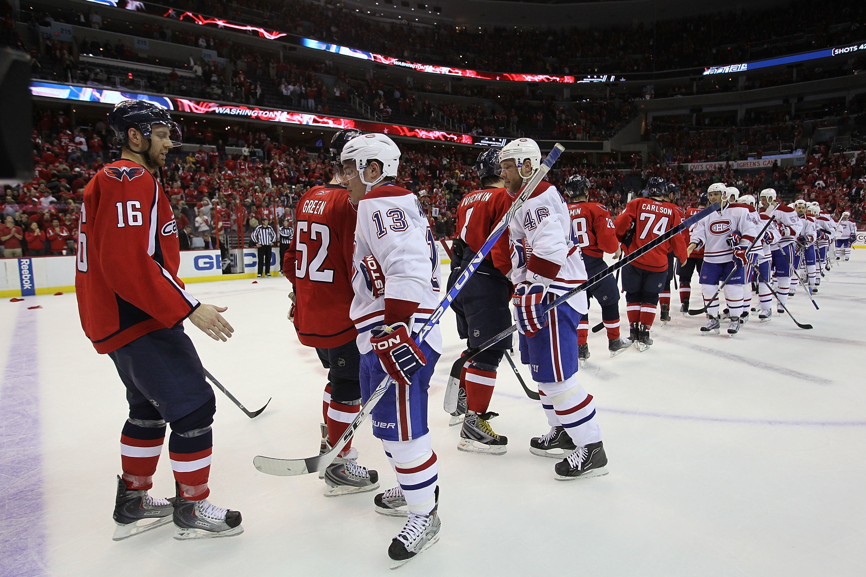 WASHINGTON - APRIL 28:  The Montreal Canadiens and the Washington Capitals shake hands following Game Seven of the Eastern Conference Quarterfinals during the 2010 NHL Stanley Cup Playoffs at the Verizon Center on April 28, 2010 in Washington, DC. The Can