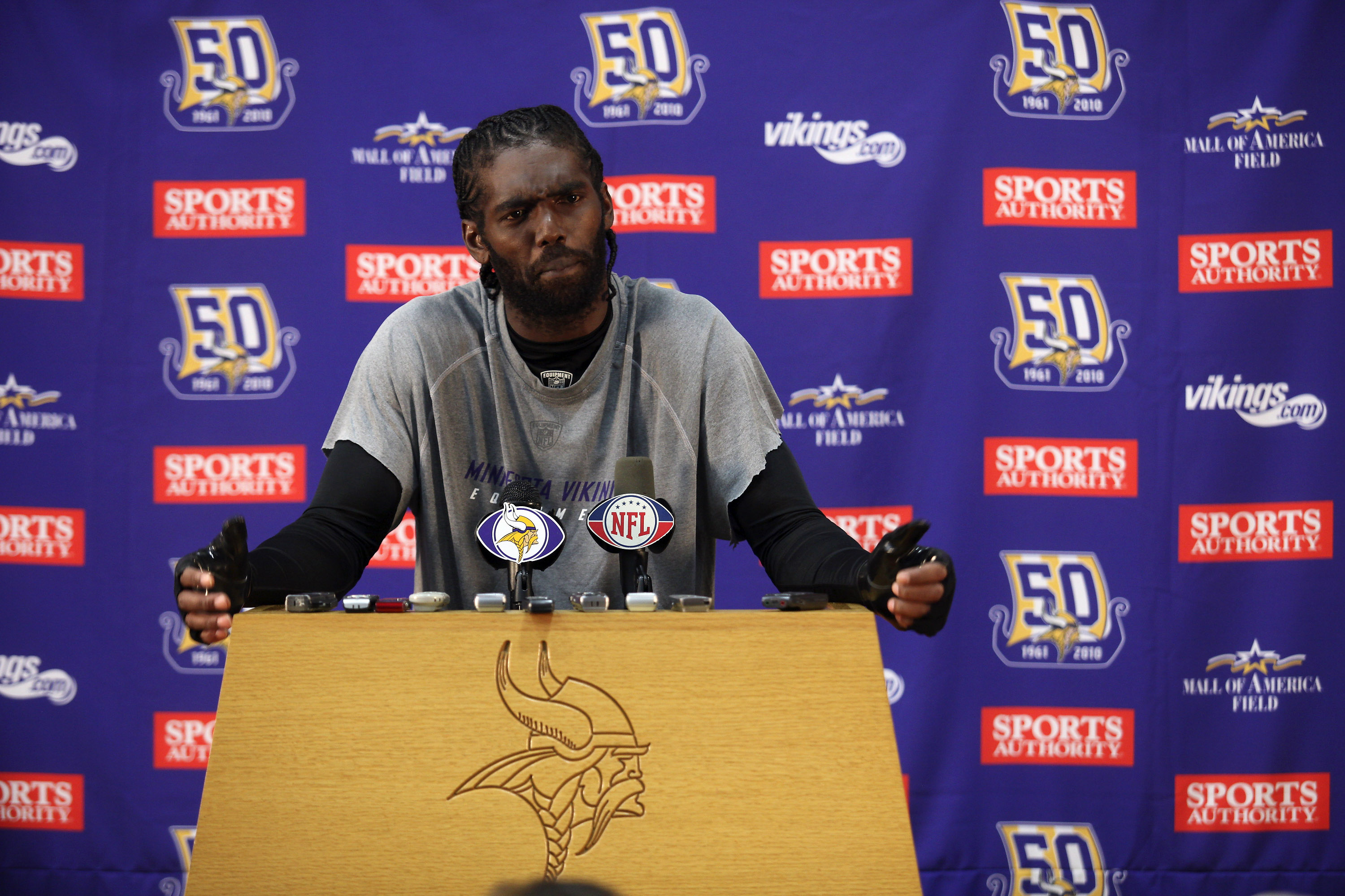 EDEN PRAIRIE, MN - OCTOBER 7:  Minnesota Vikings wide receiver Randy Moss answers questions from the media during a press conference at Winter Park on October 7, 2010 in Eden Prairie, Minnesota.  (Photo by Adam Bettcher/Getty Images)