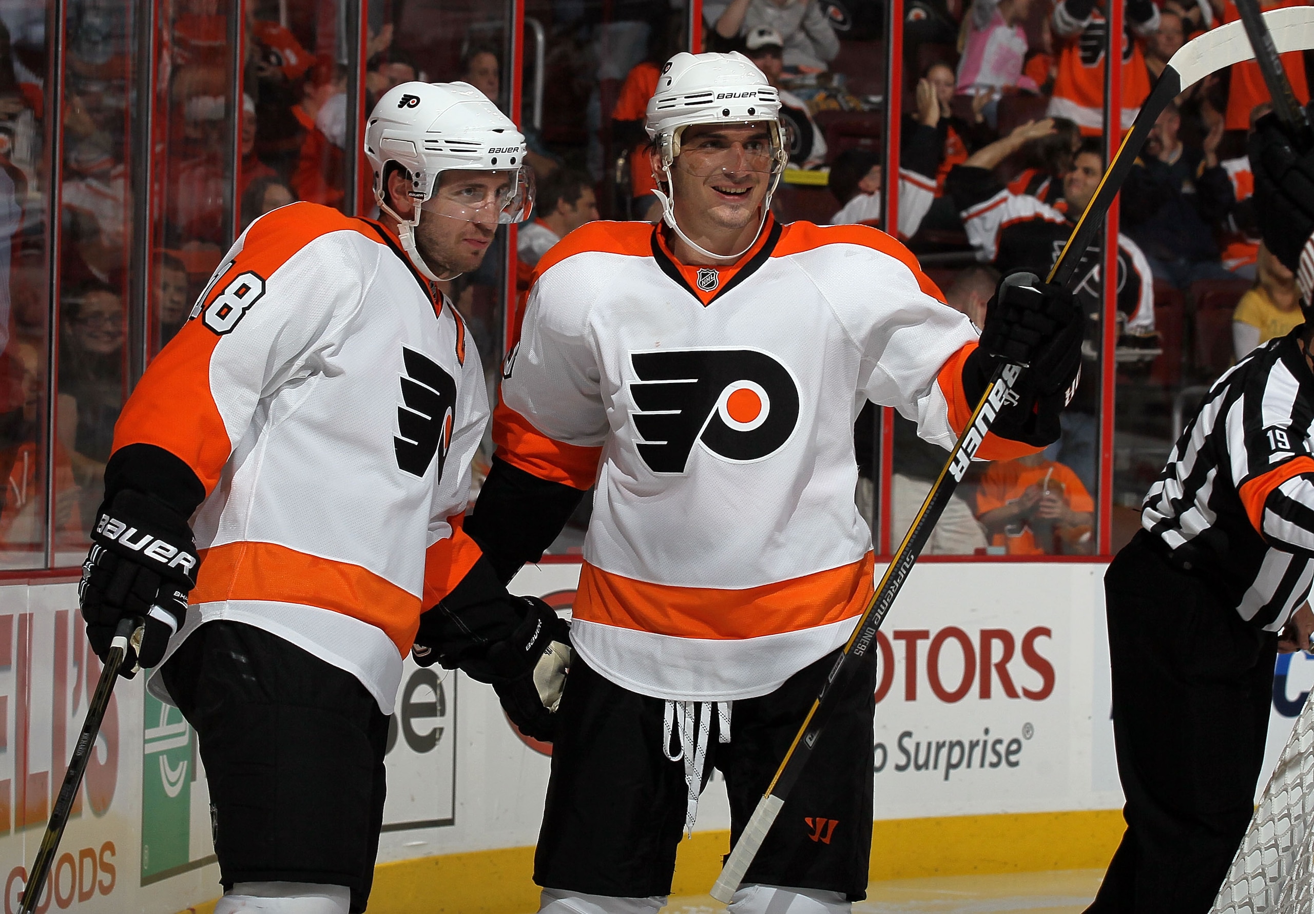 PHILADELPHIA - OCTOBER 01:  Nikolai Zherdev #93 of the Philadelphia Flyers celebrates his second period goal against the Buffalo Sabres with teammate Mike Richards #18 on October 1, 2010 at Wells Fargo Center in Philadelphia, Pennsylvania.  (Photo by Jim