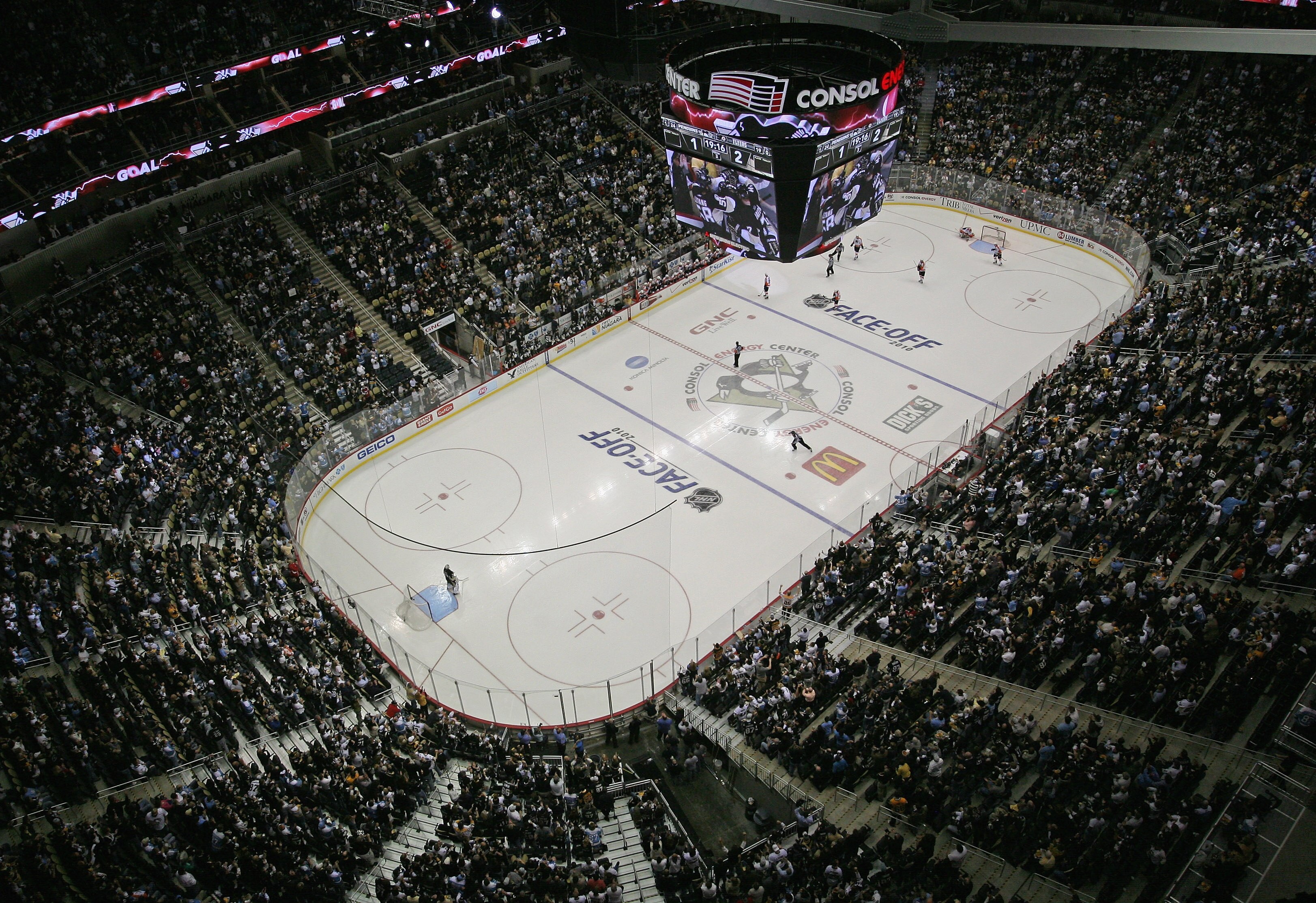 PITTSBURGH - OCTOBER 07: Fans celebrate the first  Pittsburgh Penguins goal in their new building as Tyler Kennedy #48 scores at 44 seconds of the third period against the Philadelphia Flyers at the Consol Energy Center on October 7, 2010 in Pittsburgh, P