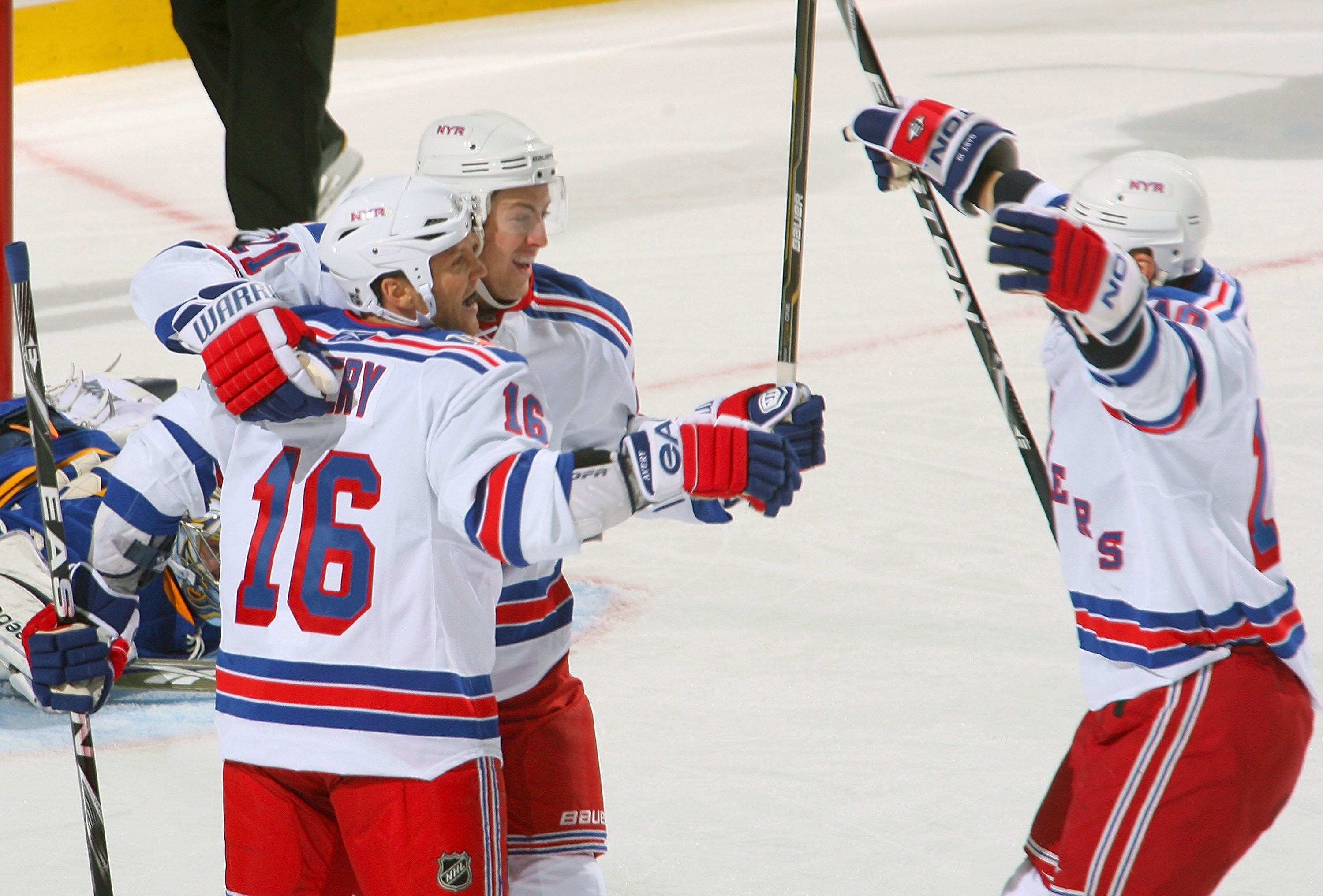 BUFFALO, NY - OCTOBER 09: Sean Avery #16, Derek Stepan #21 and Marian Gaborik #10 of the New York Rangers celebrate Stepan's goal in the first period against the Buffalo Sabres  at HSBC Arena on October 9, 2010 in Buffalo, New York.  (Photo by Rick Stewar