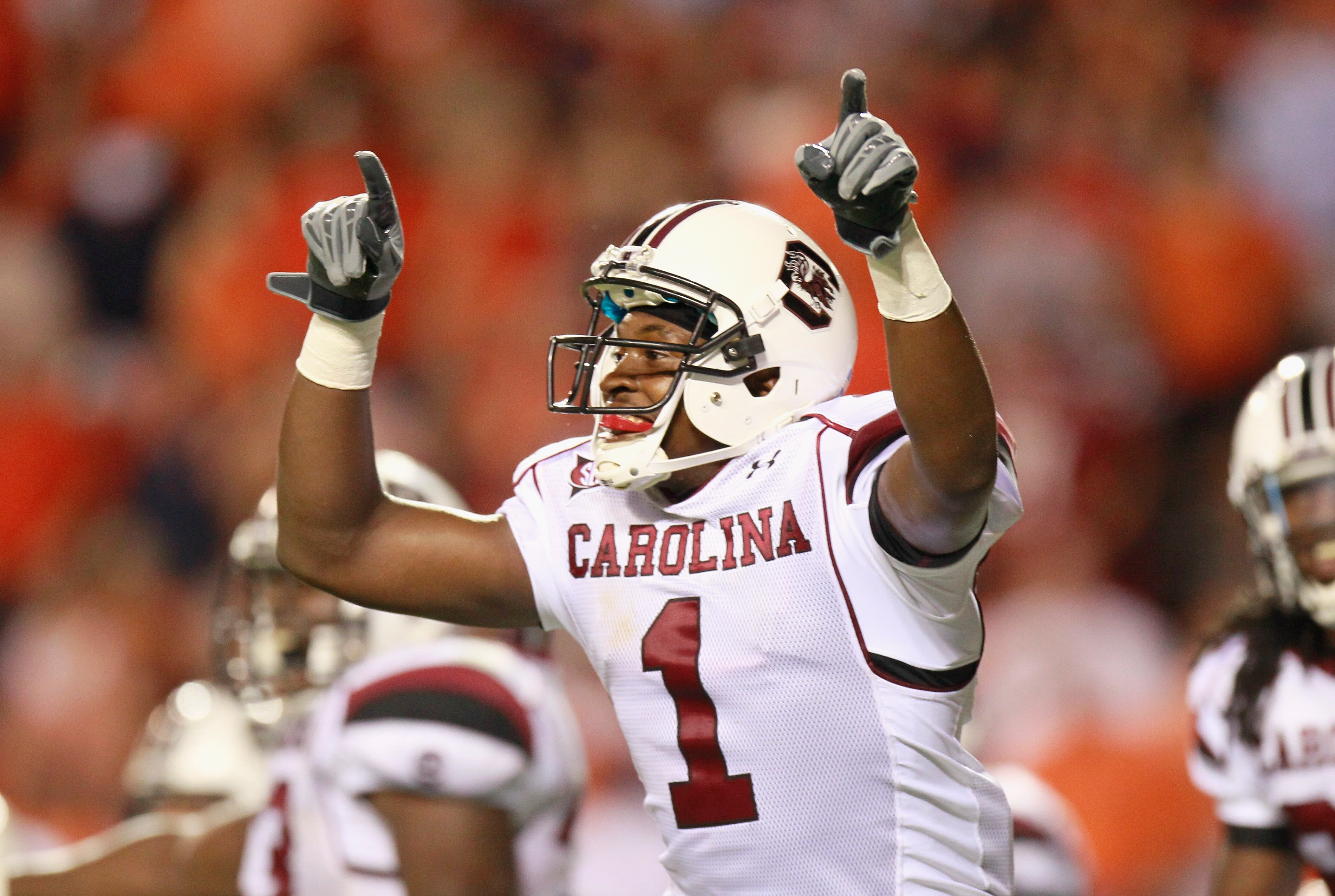 AUBURN, AL - SEPTEMBER 25:  Alshon Jeffery #1 of the South Carolina Gamecocks reacts after catching a touchdown reception against the Auburn Tigers at Jordan-Hare Stadium on September 25, 2010 in Auburn, Alabama.  (Photo by Kevin C. Cox/Getty Images)