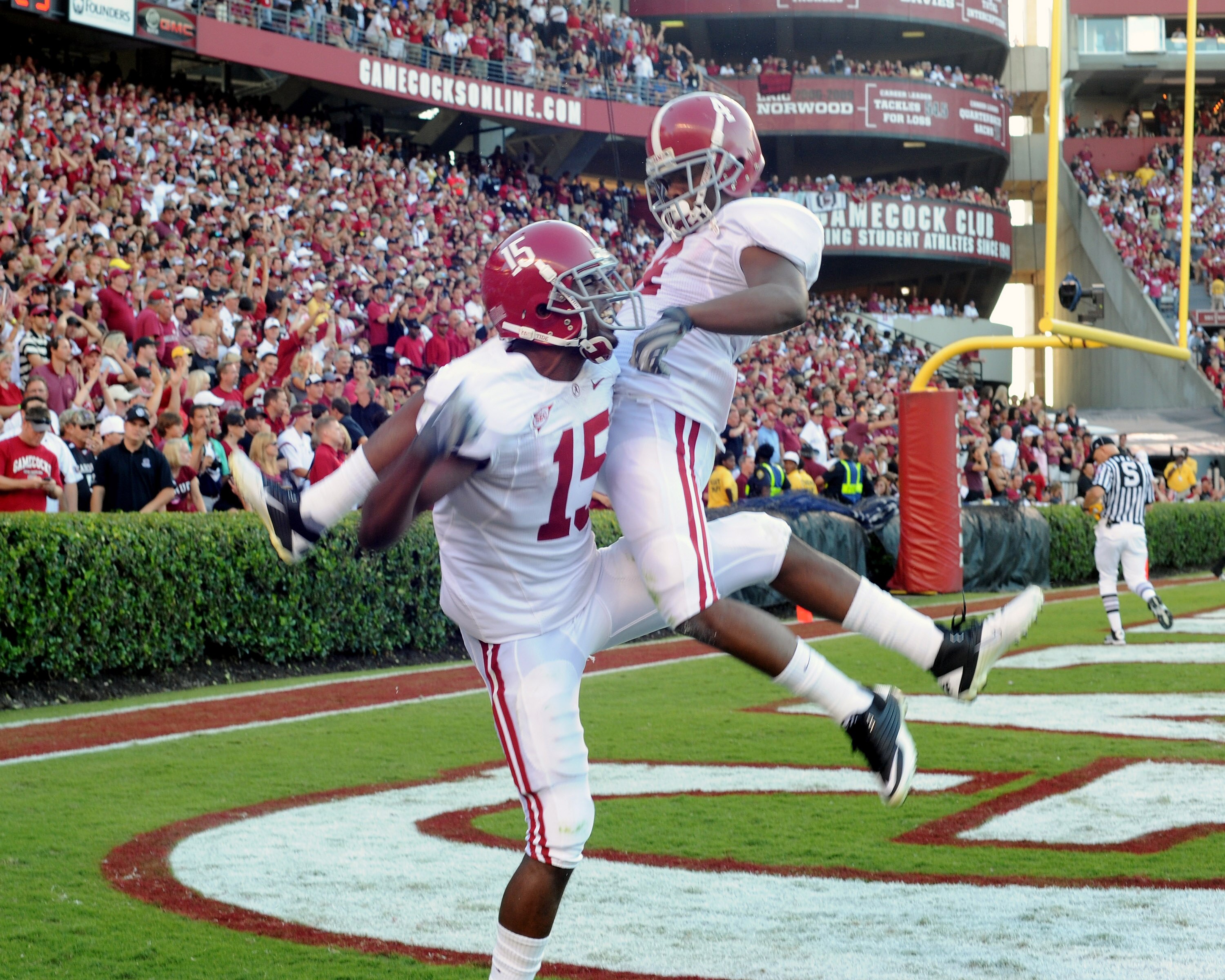 COLUMBIA, SC - OCTOBER 9: Wide receiver Darius Hanks #15 of the Alabama Crimson Tide celebrates a touchdown against the South Carolina Gamecocks October 9, 2010 at Williams-Brice Stadium in Columbia, South Carolina.  (Photo by Al Messerschmidt/Getty Image