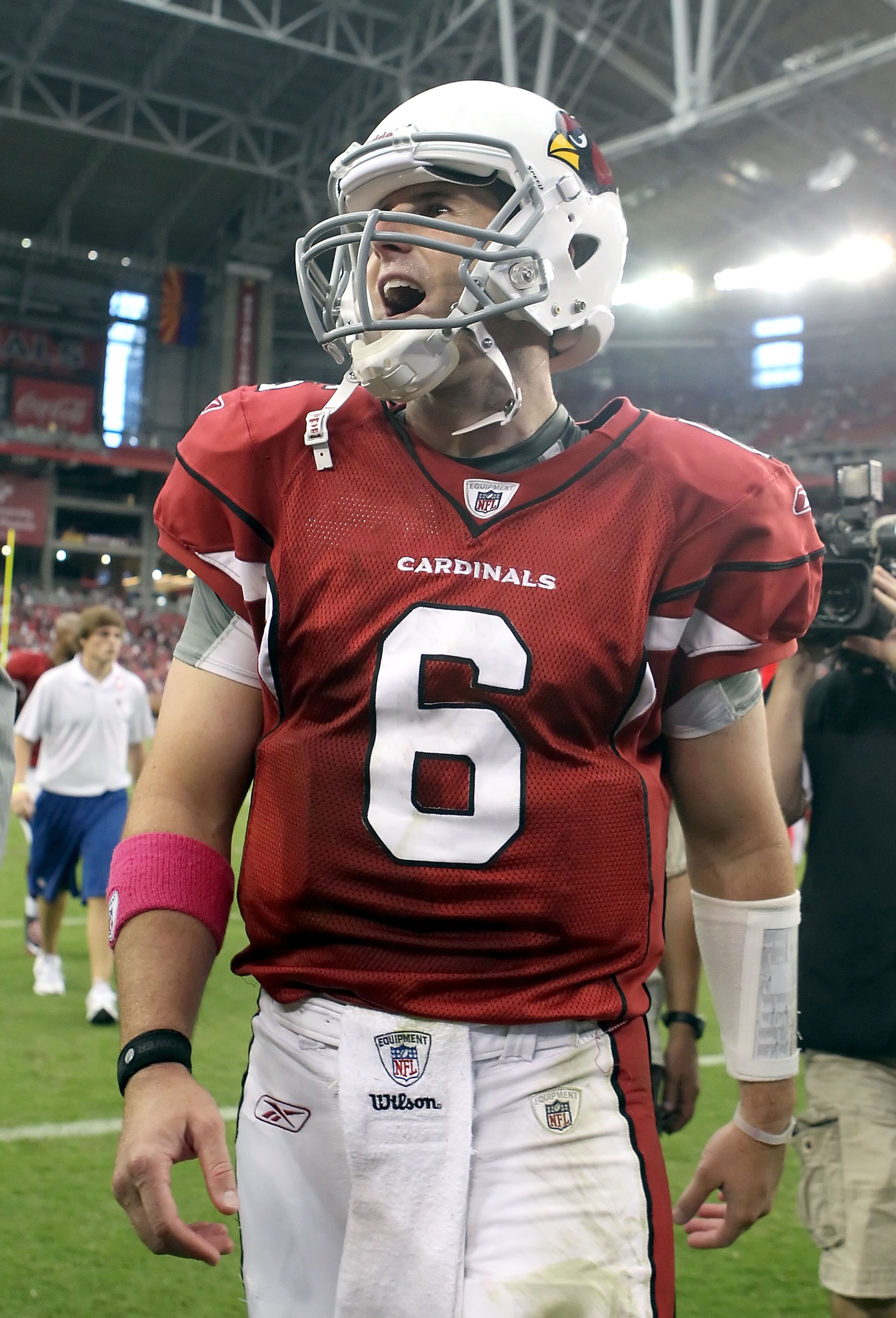 GLENDALE, AZ - OCTOBER 10:  Quarterback Max Hall #6 of the Arizona Cardinals reacts to fans as he walks off the field following the NFL game against the New Orleans Saints at the University of Phoenix Stadium on October 10, 2010 in Glendale, Arizona. The