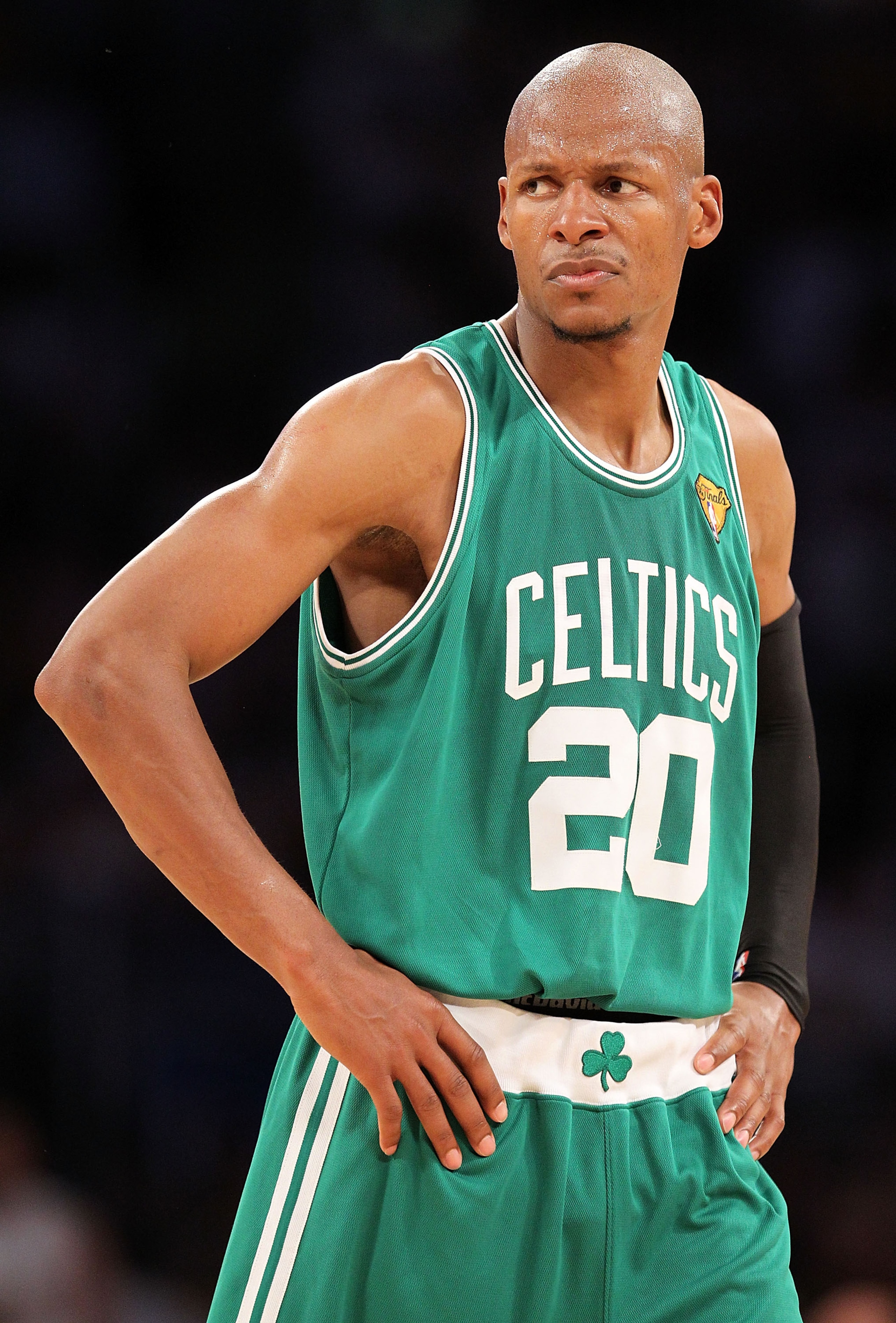 LOS ANGELES, CA - JUNE 17:  Ray Allen #20 of the Boston Celtics looks on in the first half against the Los Angeles Lakers in Game Seven of the 2010 NBA Finals at Staples Center on June 17, 2010 in Los Angeles, California.  NOTE TO USER: User expressly ack