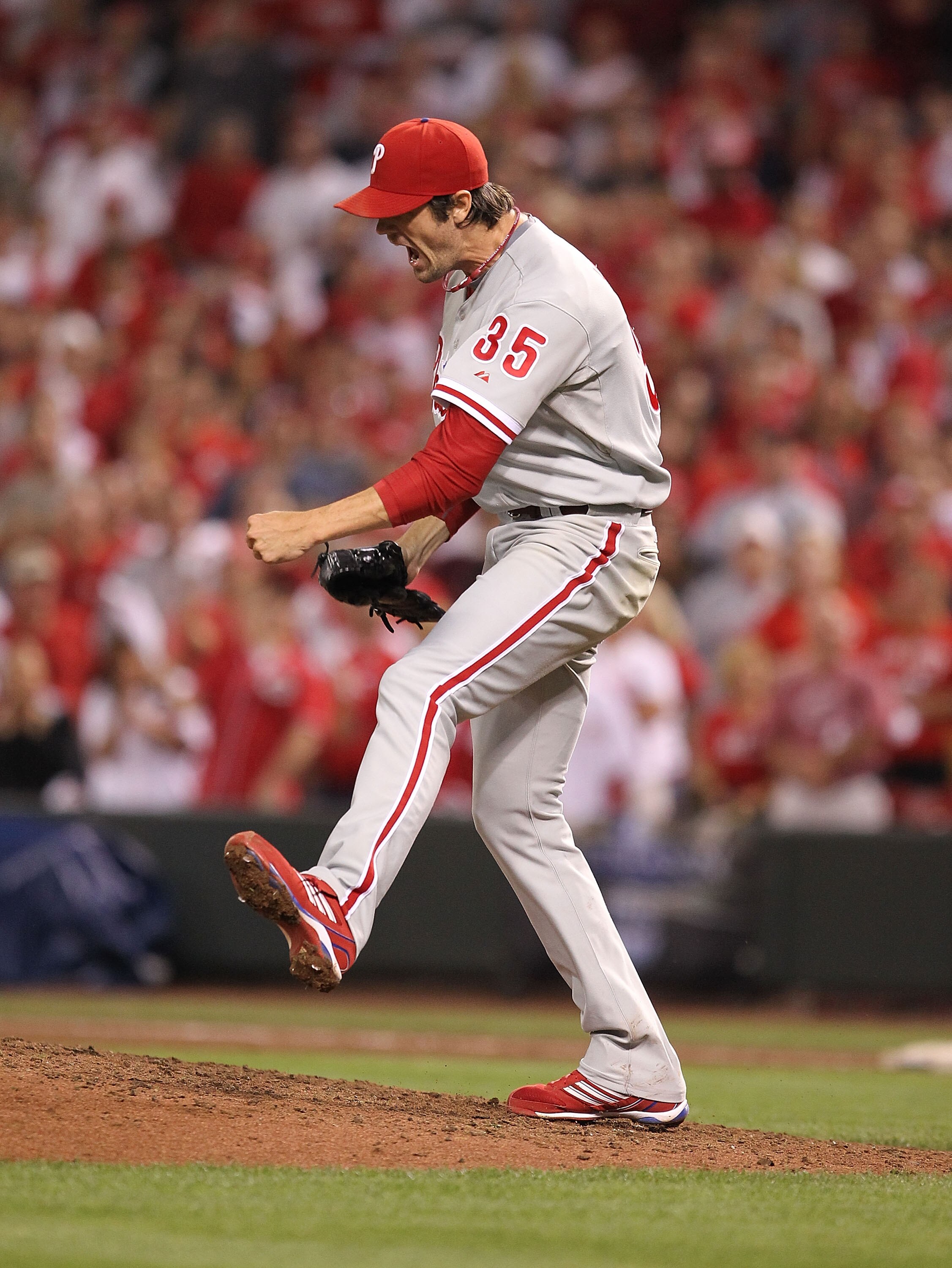 CINCINNATI - OCTOBER 10: Cole Hamels #35 of the Philadelphia Phillies celebrates a complete game shut-out against the Cincinnati Reds during Game 3 of the NLDS at Great American Ball Park on October 10, 2010 in Cincinnati, Ohio.The Phillies defeated the R