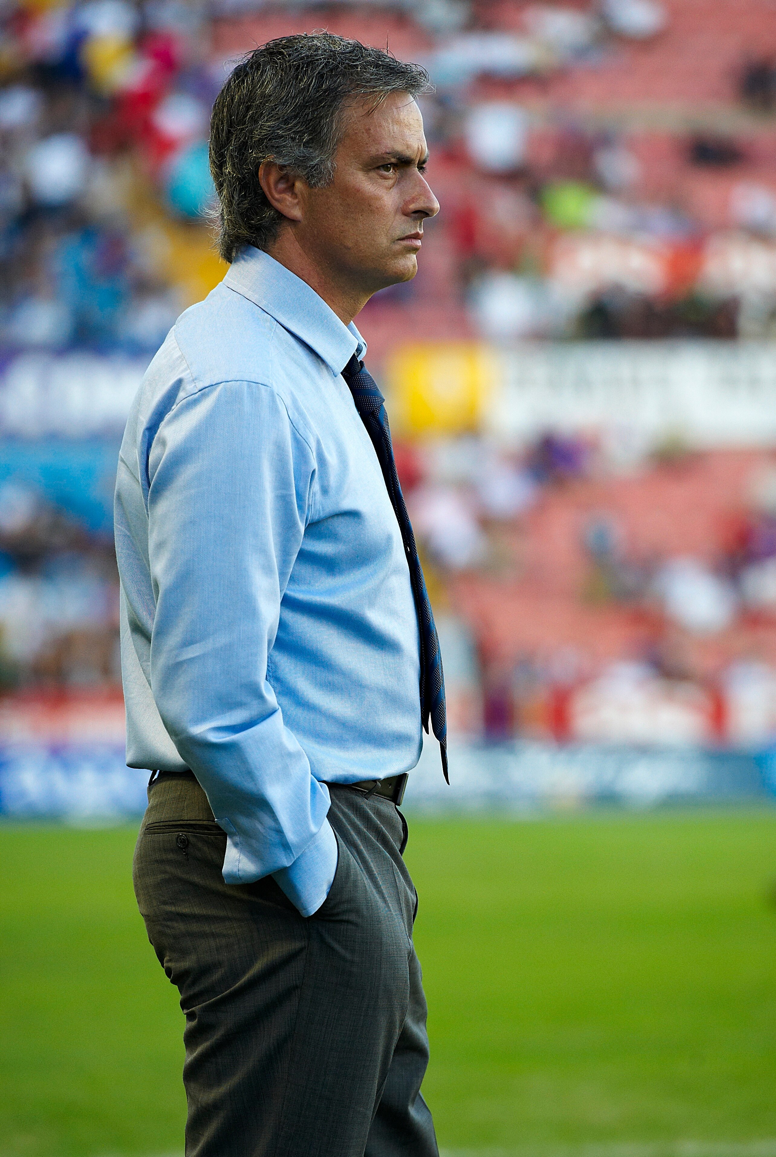 VALENCIA, SPAIN - SEPTEMBER 25: Real Madrid manager Jose Mourinho takes to the field before the La Liga match between Levante UD and Real Madrid at Ciutat de Valencia on September 25, 2010 in Valencia, Spain. The match ended in a 0-0 draw.  (Photo by Manu