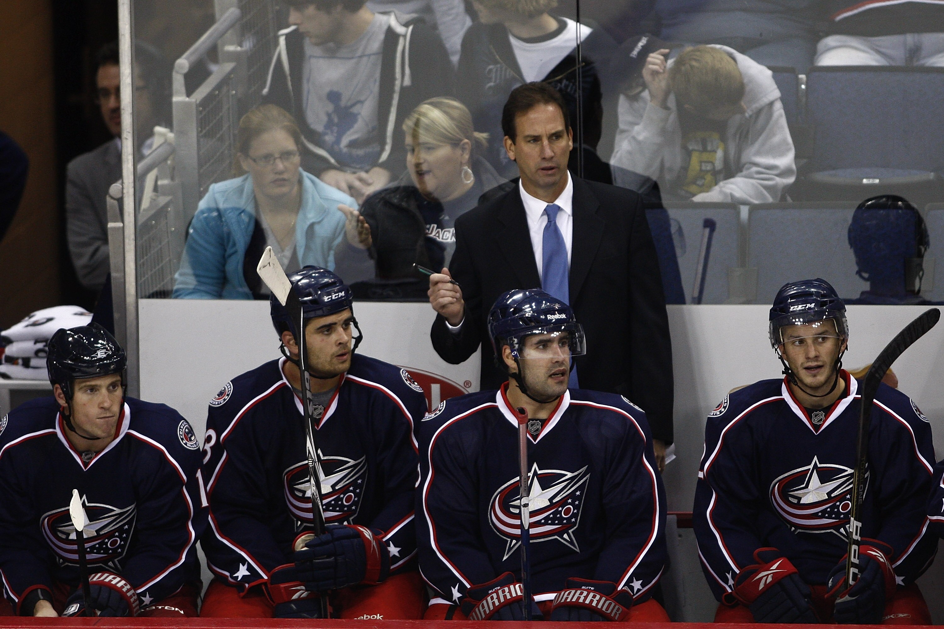 COLUMBUS,OH - SEPTEMBER 28:  Columbus Blue Jackets head coach Scott Arniel watches as his team takes on the Minnesota Wild during the third period on September 28, 2010 at Nationwide Arena in Columbus, Ohio.  Columbus defeated Minnesota 3-2 in a shoot out