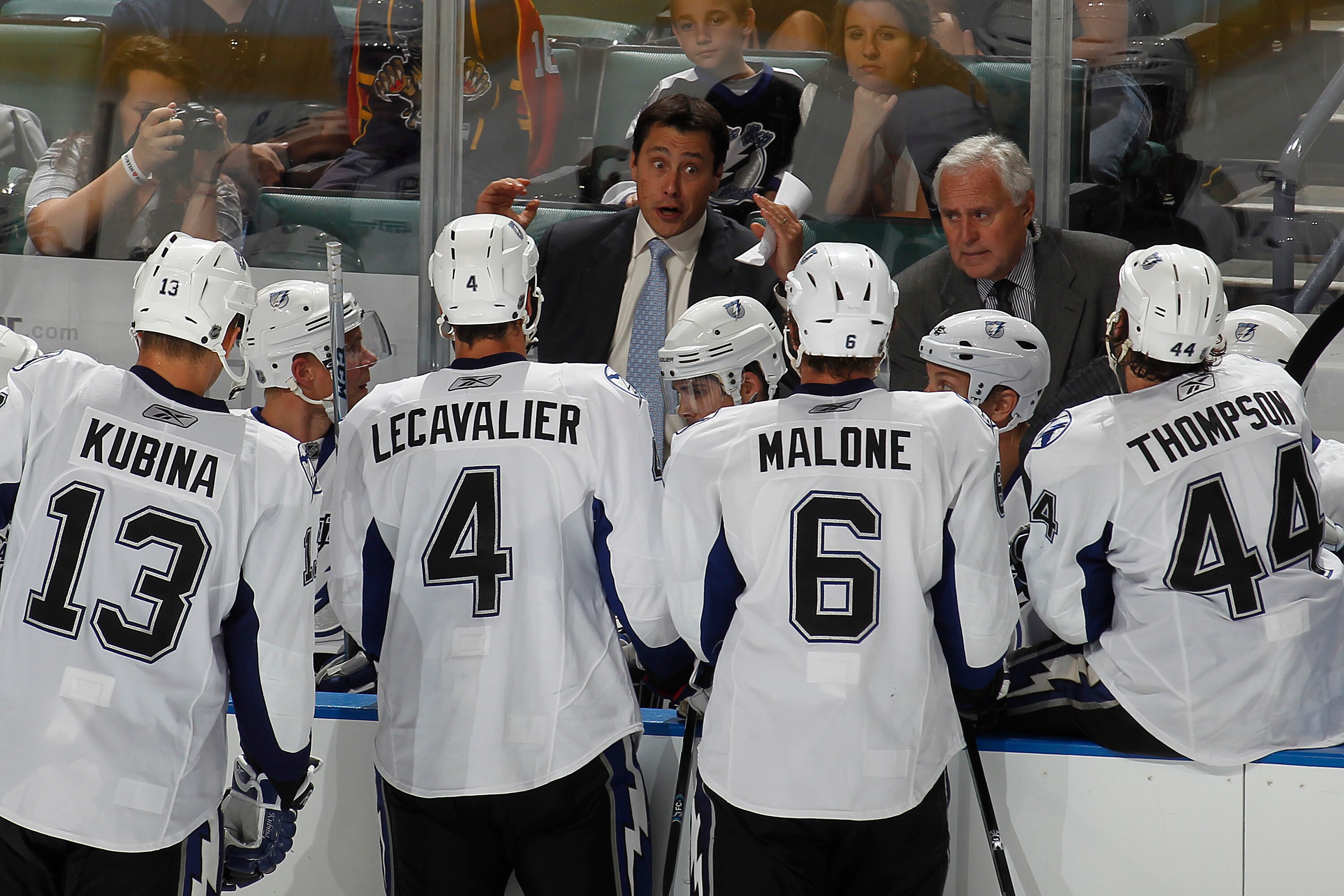 SUNRISE, FL - OCTOBER 1: Head coach Guy Boucher of the Tampa Bay Lightning talks to the team during a time out against the Florida Panthers during a preseason game on October 1, 2010 at the BankAtlantic Center in Sunrise, Florida. The Lightning defeated t