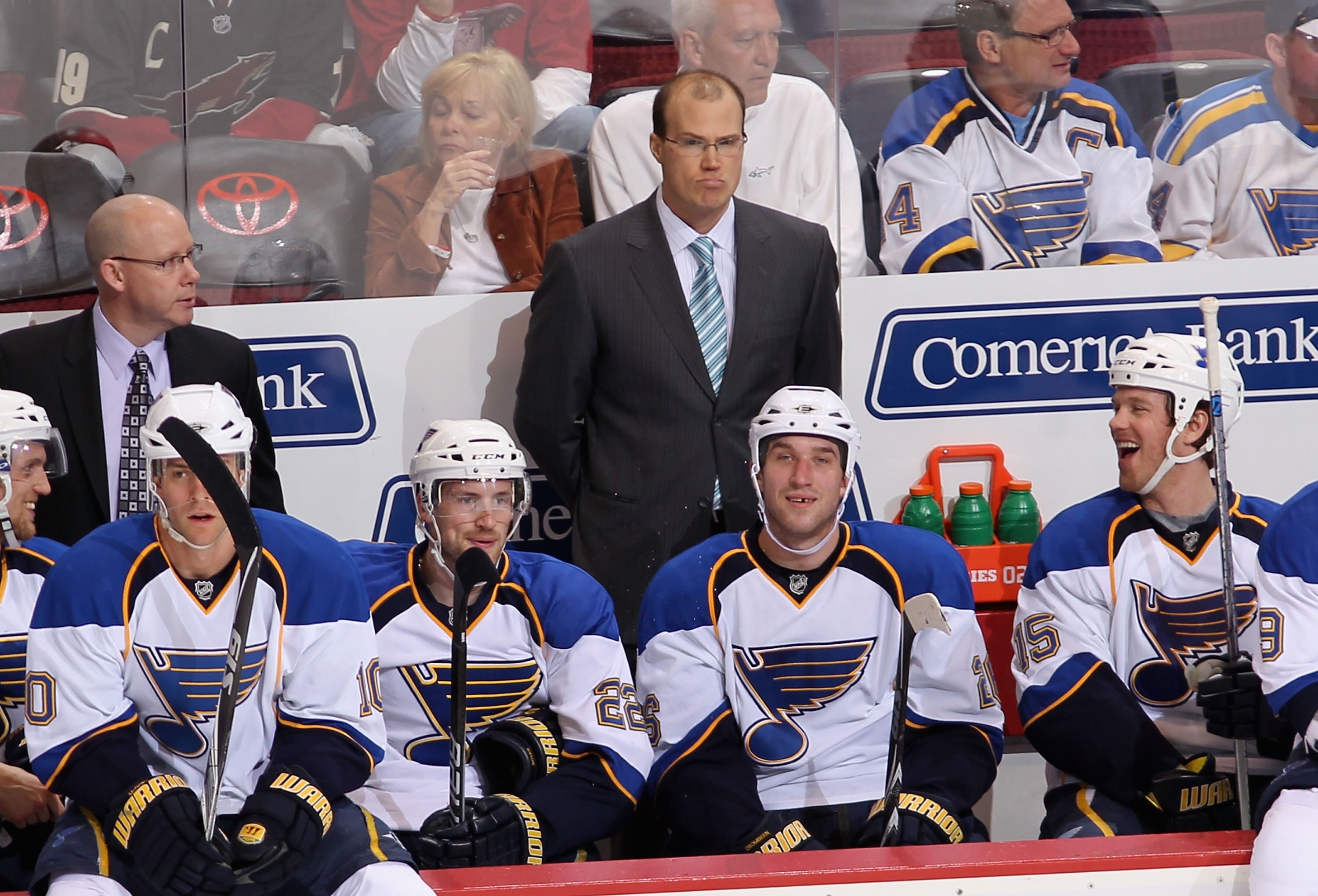 GLENDALE, AZ - MARCH 02:  Head coach Davis Payne of the St. Louis Blues during the NHL game against the Phoenix Coyotes at Jobing.com Arena on March 2, 2010 in Glendale, Arizona. The Blues defeated the Coyotes 5-2.  (Photo by Christian Petersen/Getty Imag