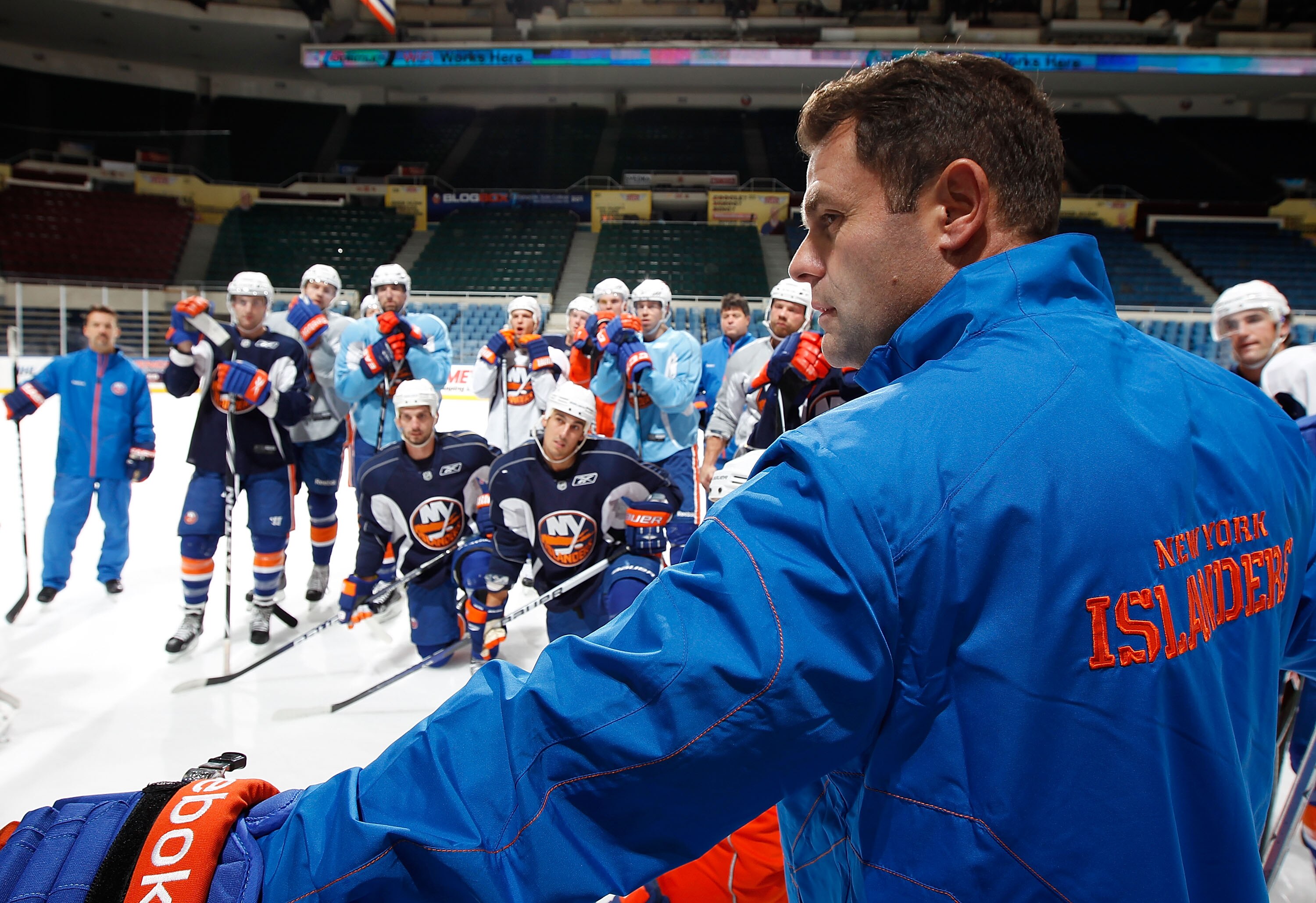 UNIONDALE, NY - SEPTEMBER 21: Head Coach Scott Gordon of the New York Islanders conducts practice during a training camp session on September 21, 2010 at Nassau Coliseum in Uniondale.  (Photo by Mike Stobe/Getty Images)