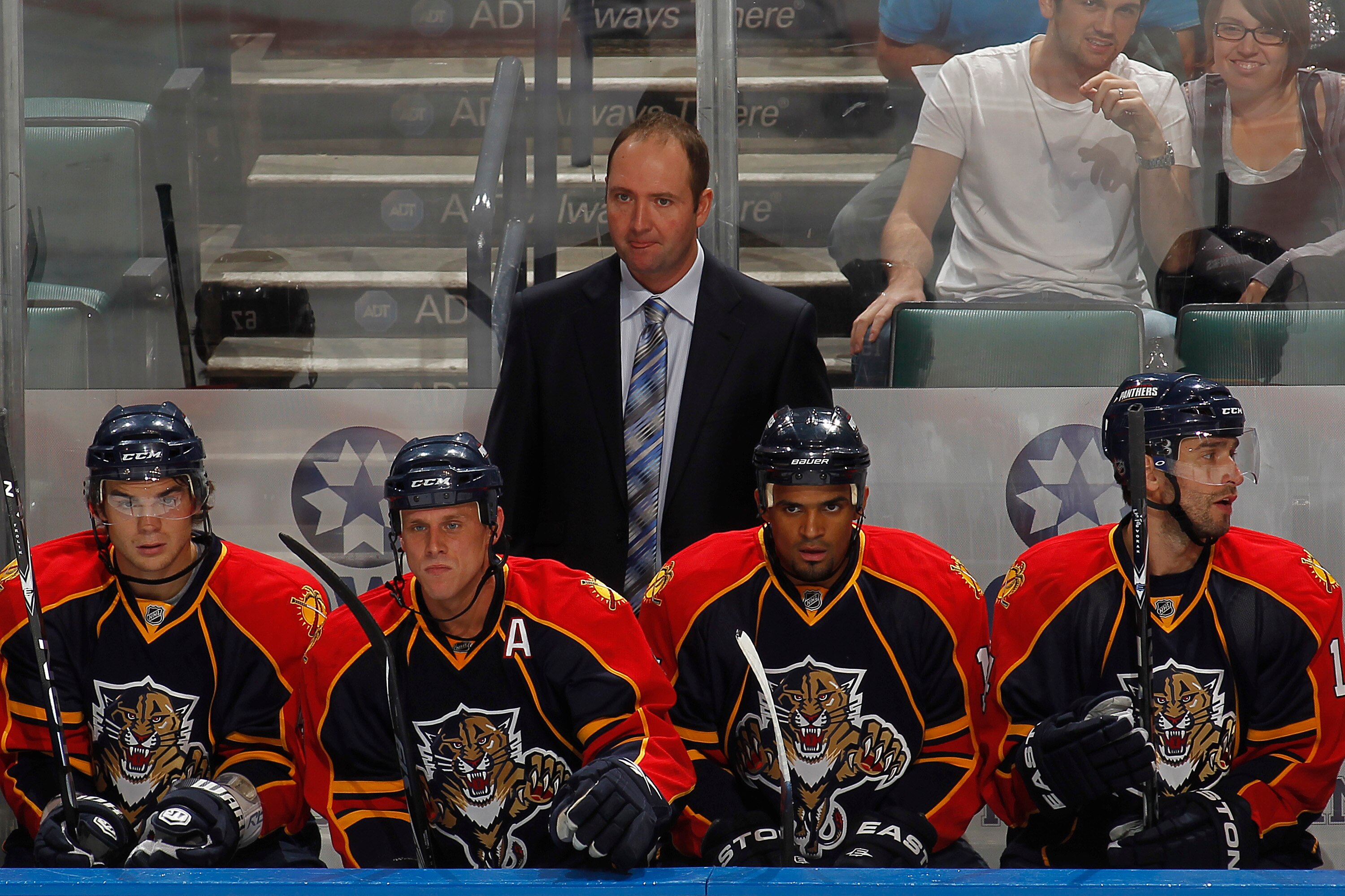 SUNRISE, FL - OCTOBER 1: Head coach Peter DeBoer of the Florida Panthers watches action against the Tampa Bay Lightning during a pre season game on October 1, 2010 at the BankAtlantic Center in Sunrise, Florida. The Lightning defeated the Panthers 2-1 in