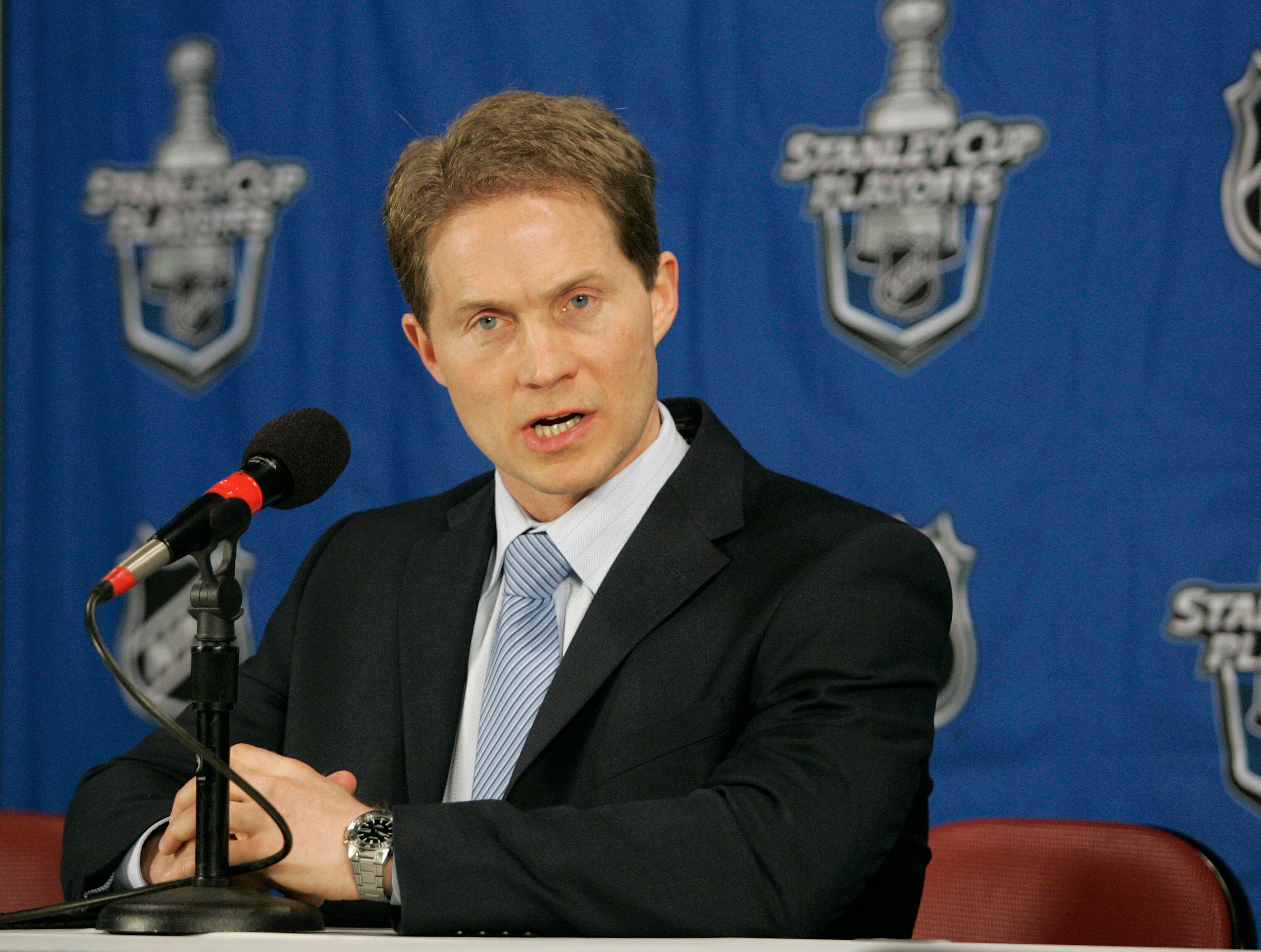 PITTSBURGH - APRIL 14:  Head coach Cory Clouston of the Ottawa Senators addresses the media after Game One of the Eastern Conference Quarterfinals during the 2010 NHL Stanley Cup Playoffs at Mellon Arena on April 14, 2010 in Pittsburgh, Pennsylvania.  The