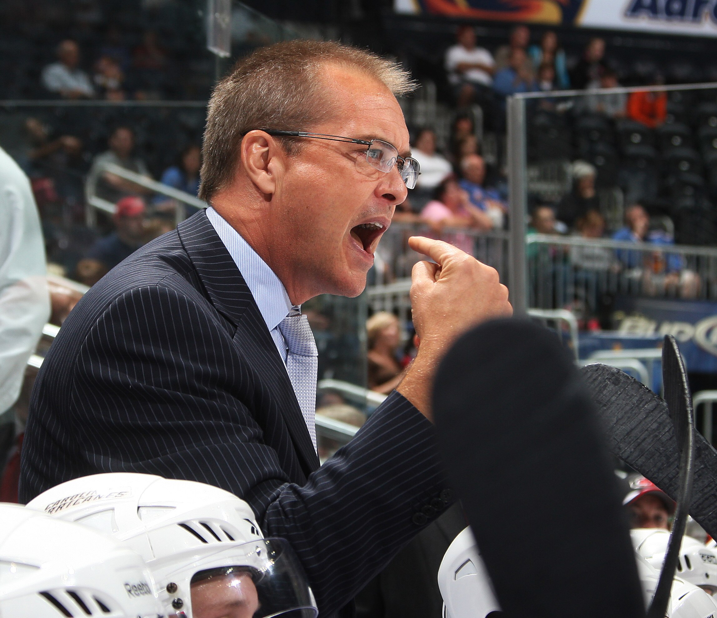 ATLANTA - SEPTEMBER 25: Head Coach Paul Maurice of the Carolina Hurricanes disputes a call during the game against the Atlanta Thrashers at Philips Arena on September 25, 2010 in Atlanta, Georgia. The Hurricanes won 1-0. (Photo by Scott Cunningham/Getty I