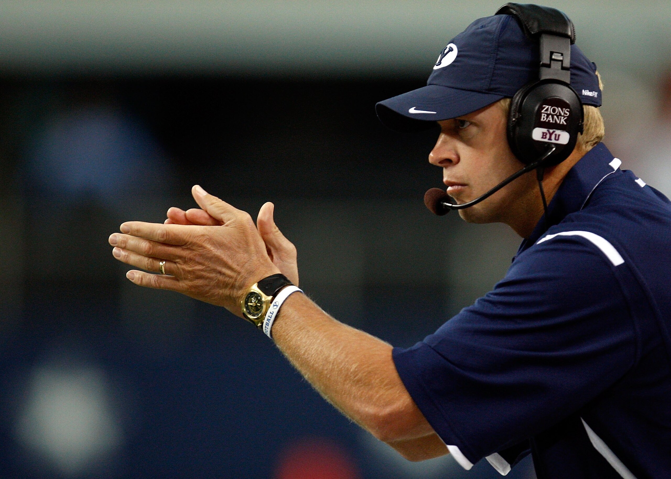 ARLINGTON, TX - SEPTEMBER 05:  Head coach Bronco Mendenhall of the Brigham Young Cougars at Cowboys Stadium on September 5, 2009 in Arlington, Texas.  (Photo by Ronald Martinez/Getty Images)