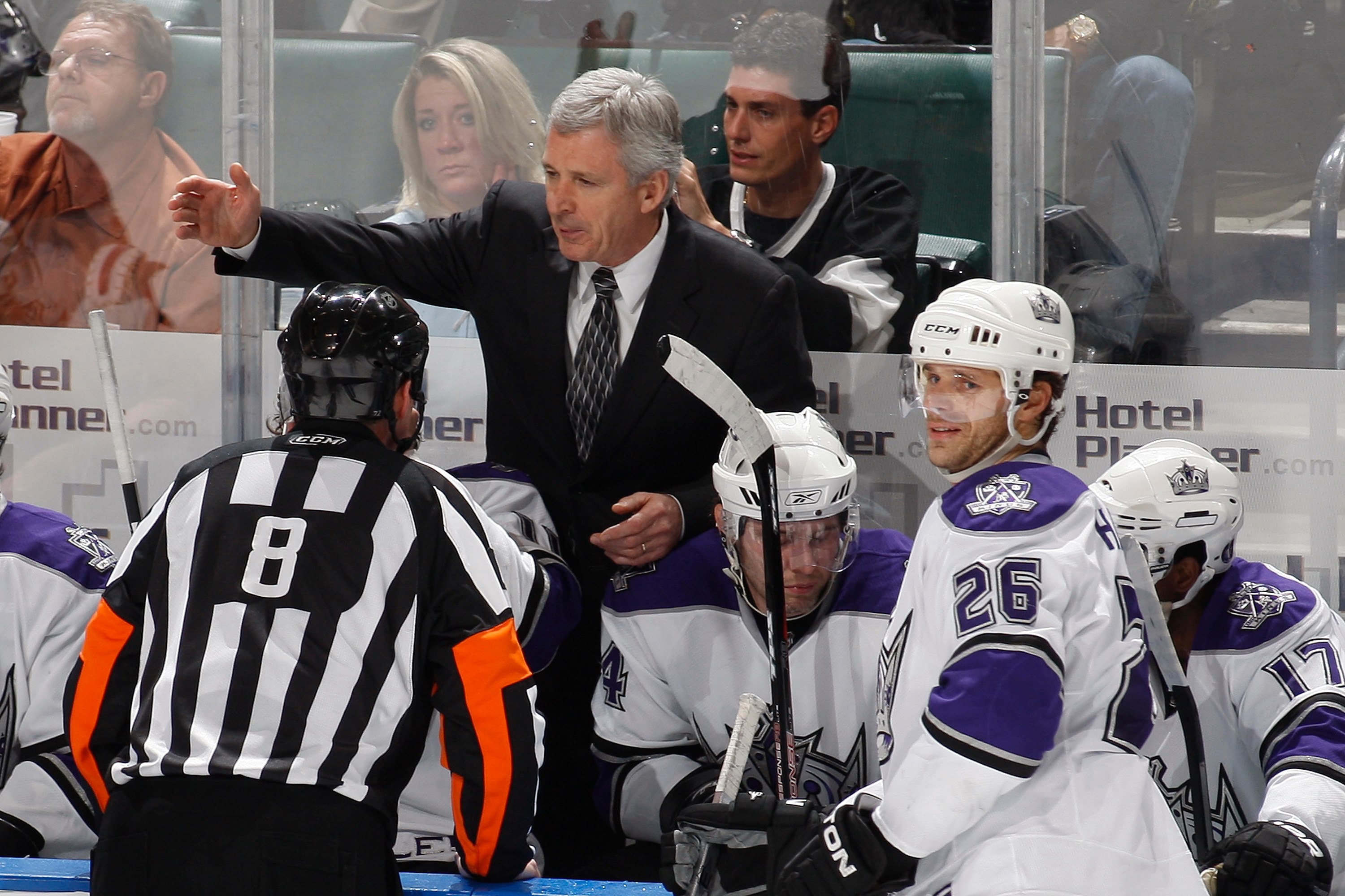 SUNRISE, FL - NOVEMBER 16: Head coach Terry Murray of the Los Angeles Kings talks to referee Dave Jackson #8 after the Florida Panthers scored a goal on November 16, 2009 at the BankAtlantic Center in Sunrise, Florida. (Photo by Joel Auerbach/Getty Images
