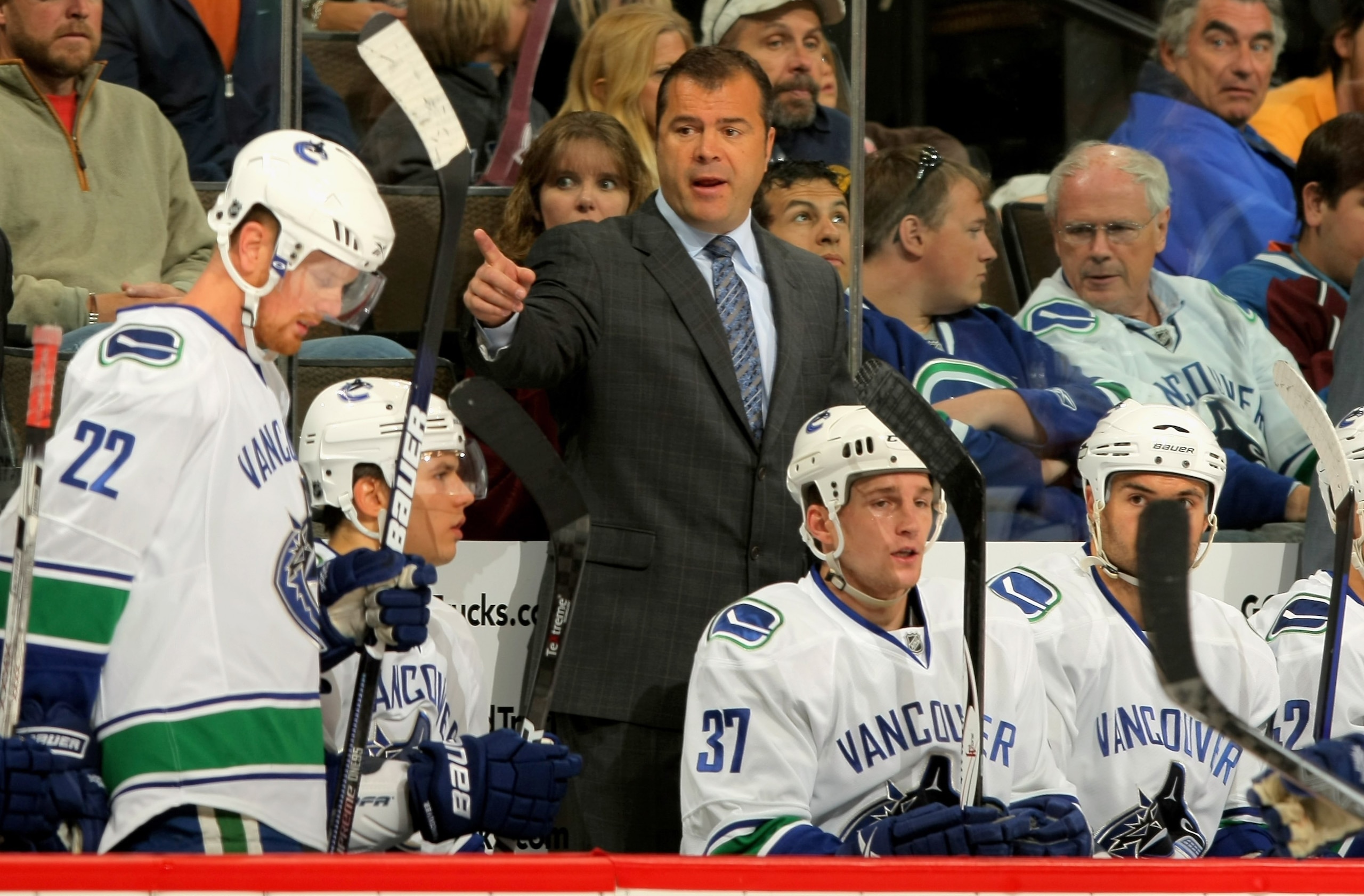 DENVER - OCTOBER 03: Head coach Alain Vigneault of the Vancouver Canucks leads his team against the Colorado Avalanche during NHL action at the Pepsi Center on October 3, 2009 in Denver, Colorado. (Photo by Doug Pensinger/Getty Images) DENVER - OCTOBER 03: Head coach Alain Vigneault of the Vancouver Canucks leads his team against the Colorado Avalanche during NHL action at the Pepsi Center on October 3, 2009 in Denver, Colorado. (Photo by Doug Pensinger/Getty Images)