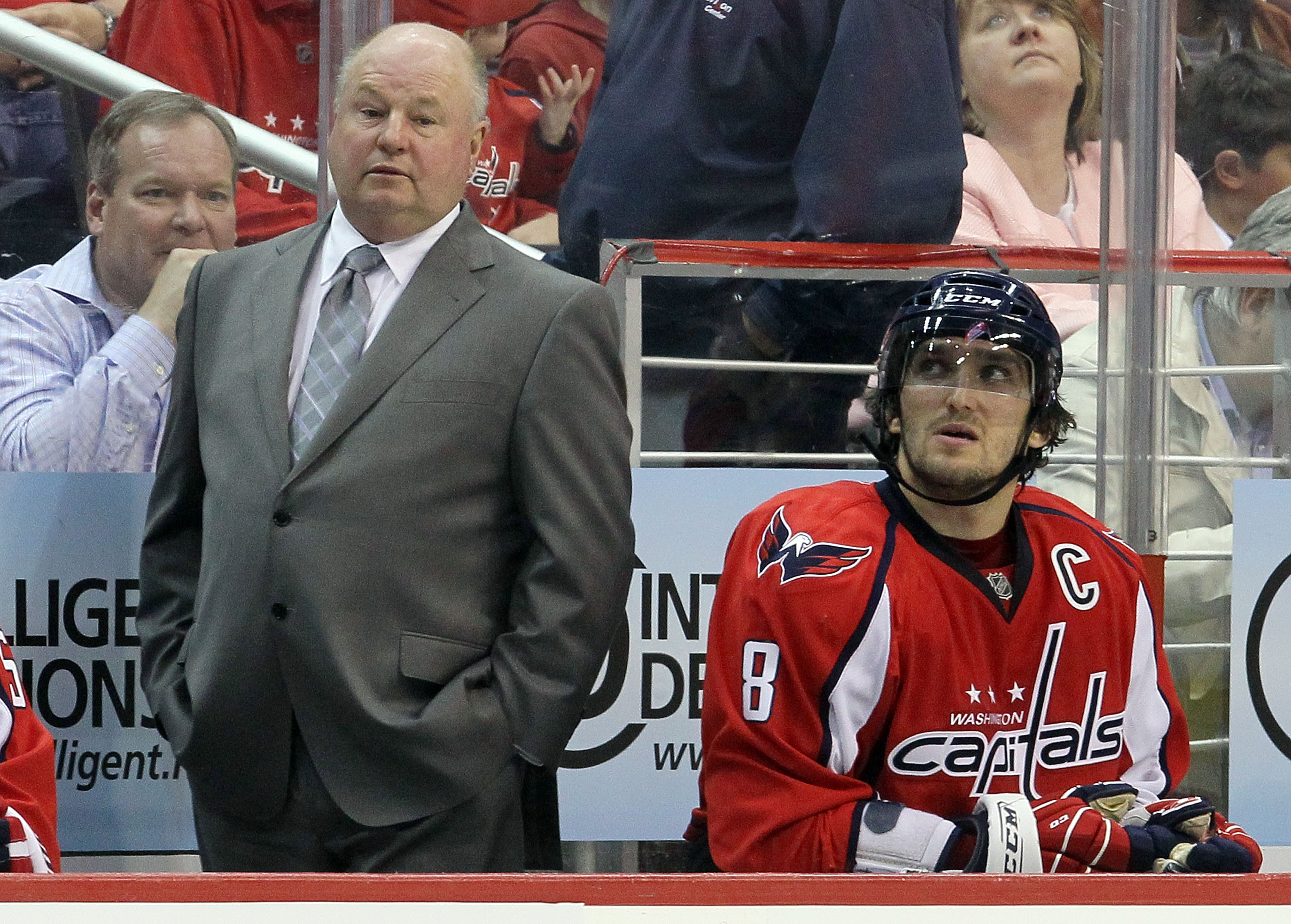 WASHINGTON DC, DC - APRIL 23:  Alex Ovechkin #8 and head coach Bruce Boudreau of the Washington Capitals look on against the Montreal Canadiens in Game Five of the Eastern Conference Quarterfinals during the 2010 NHL Stanley Cup Playoffs at the Verizon Ce