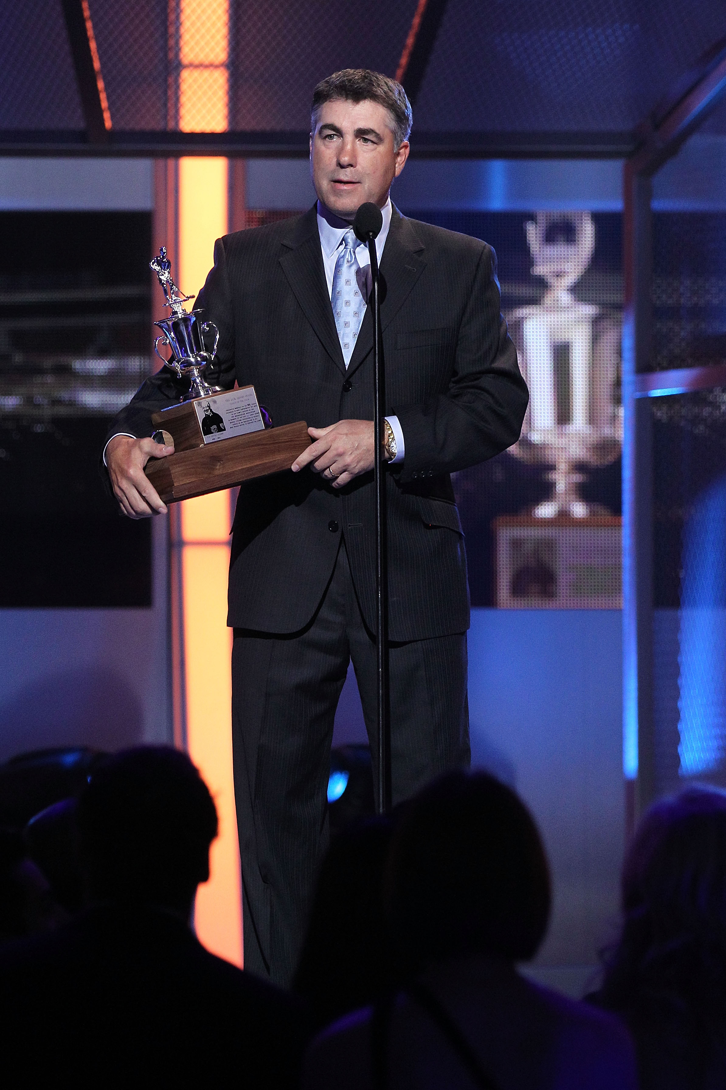 LAS VEGAS - JUNE 23:  Dave Tippett of the Phoenix Coyotes accepts the Jack Adams Award during the 2010 NHL Awards at the Palms Casino Resort on June 23, 2010 in Las Vegas, Nevada.  (Photo by Bruce Bennett/Getty Images for NHLI)