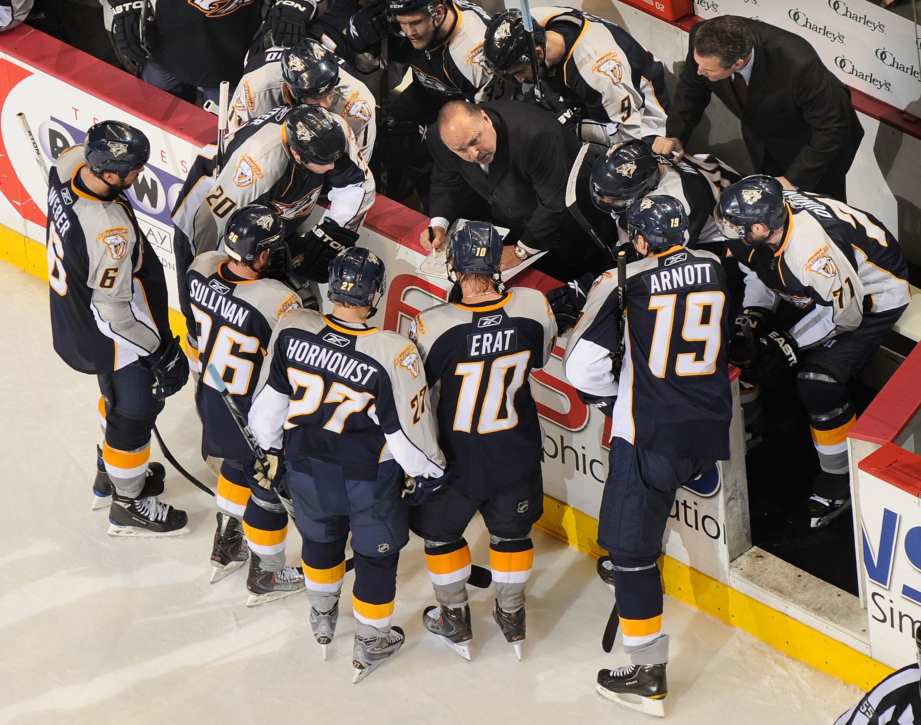 NASHVILLE, TN - APRIL 26: Coach Barry Trotz of the Nashville Predators draws up a play during a timeout against the Chicago Blackhawks in Game Six of the Western Conference Quarterfinals during the 2010 NHL Stanley Cup Playoffs at Bridgestone Arena on Apr