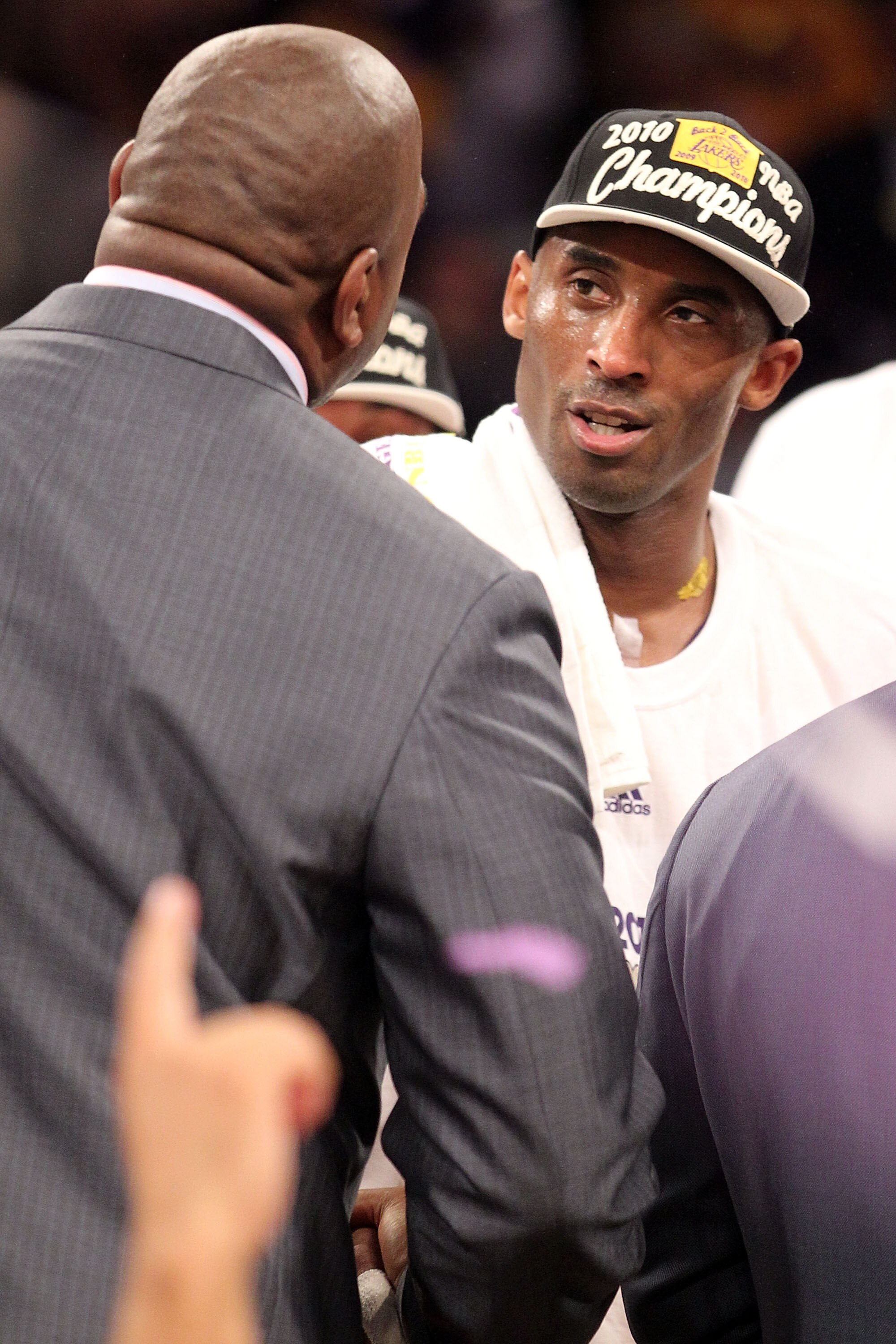 LOS ANGELES, CA - JUNE 17:  Kobe Bryant #24 of the Los Angeles Lakers celebrates with Earvin 'Magic' Johnson after the Lakers defeated the Boston Celtics in Game Seven of the 2010 NBA Finals at Staples Center on June 17, 2010 in Los Angeles, California.  