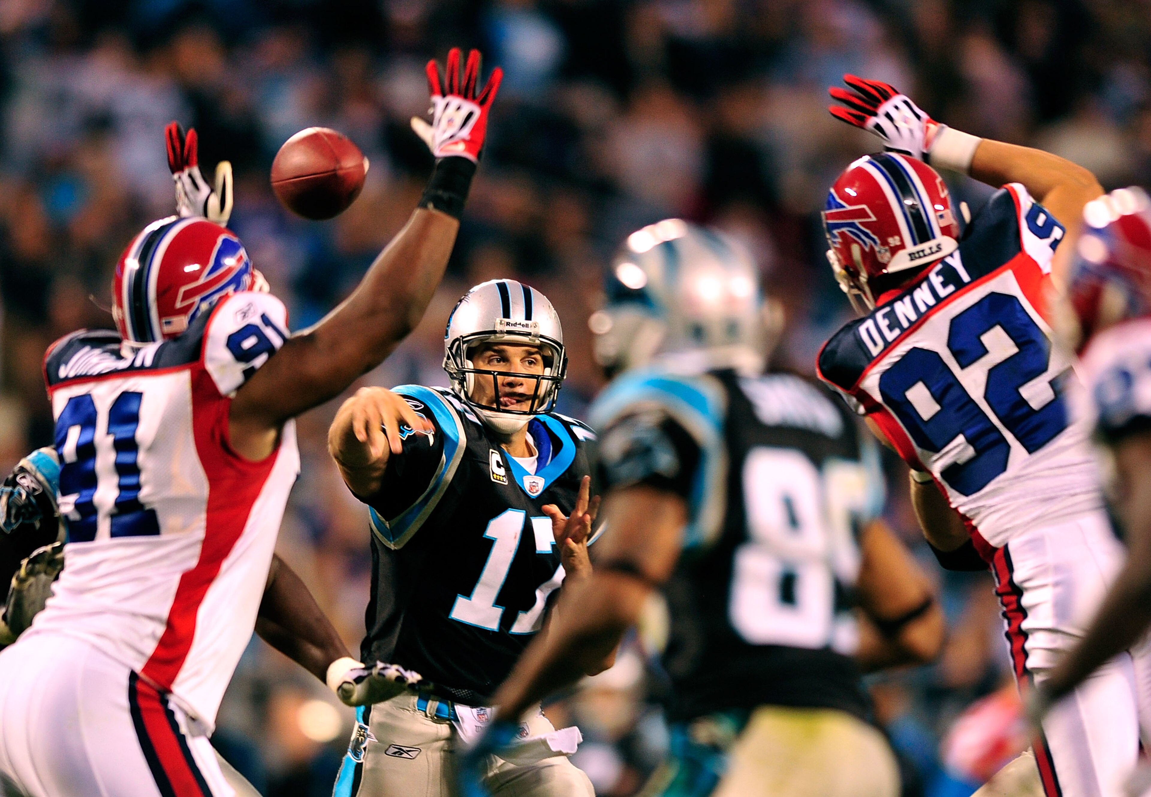 CHARLOTTE, NC - OCTOBER 25:  Jake Delhomme #17 of the Carolina Panthers drops back to pass against the Buffalo Bills at Bank of America Stadium on October 25, 2009 in Charlotte, North Carolina.  (Photo by Grant Halverson/Getty Images)