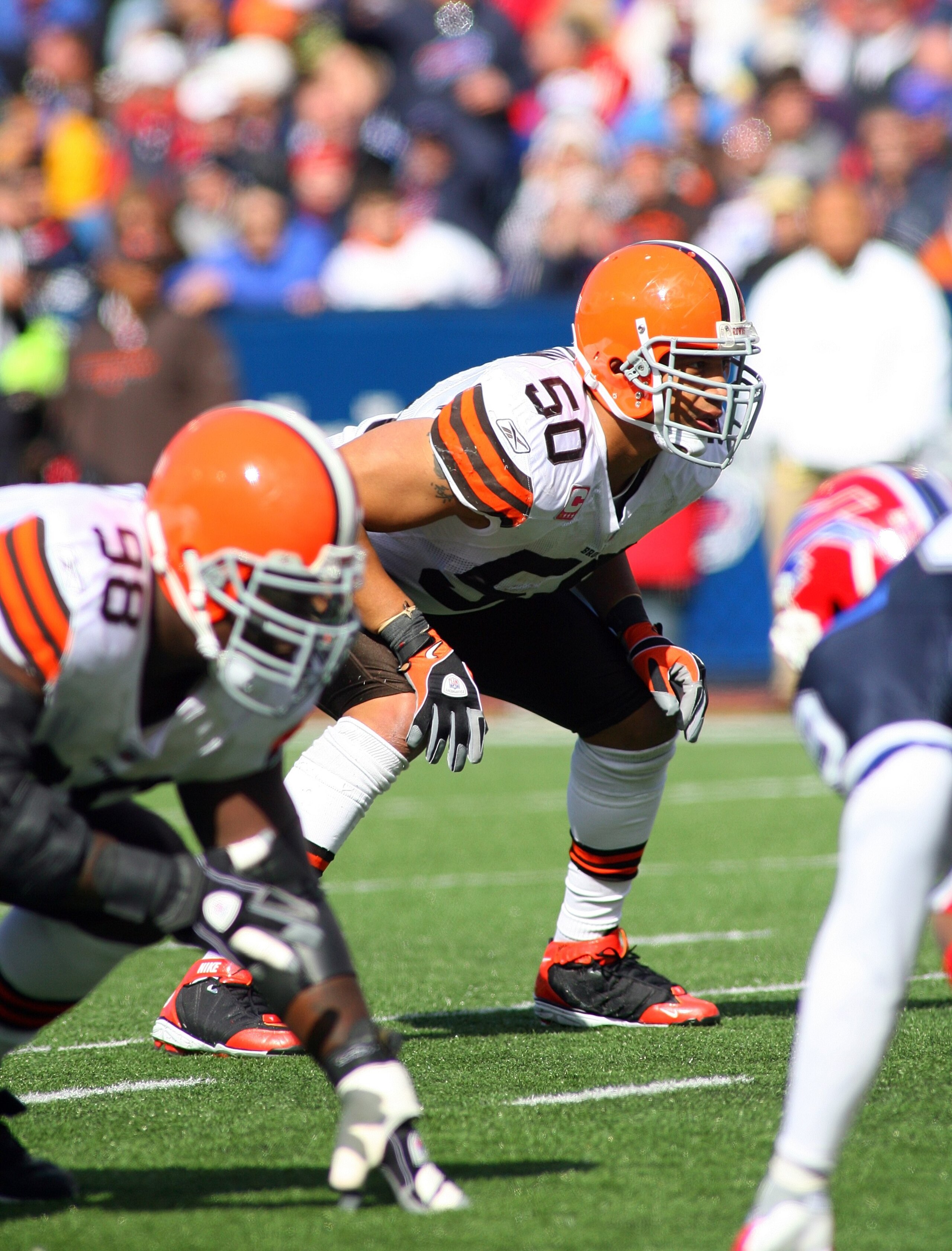 ORCHARD PARK, NY - OCTOBER 11:  Eric Barton #50 of the Cleveland Browns lines up in his defensive position during their NFL game against the Buffalo Bills at Ralph Wilson Stadium on October 11, 2009 in Orchard Park, New York. The Browns defeated the Bills