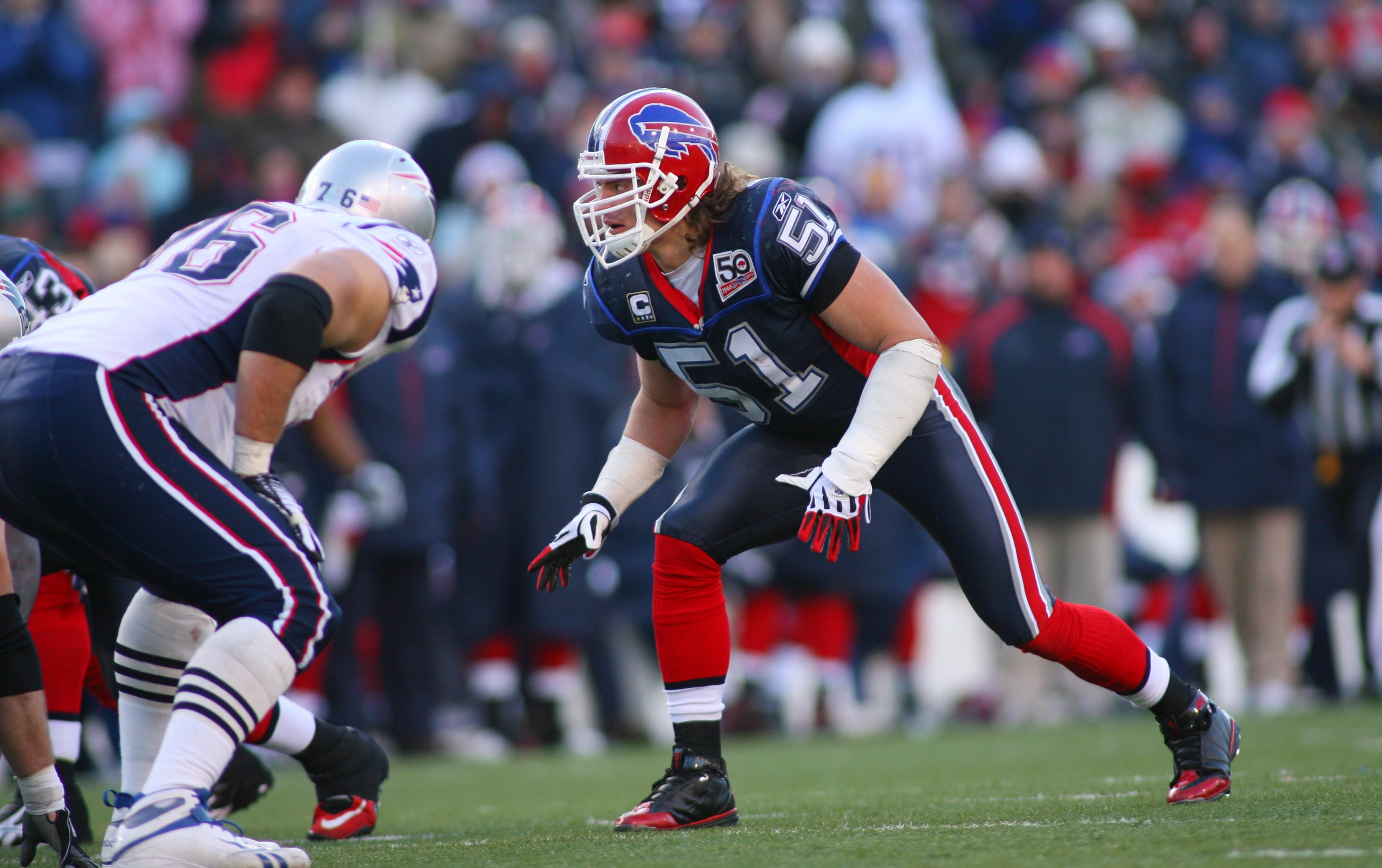 ORCHARD PARK, NY - DECEMBER 20: Paul Posluszny #51 of the Buffalo Bills gets set at the line of scrimmage against the New England Patriots during the game at Ralph Wilson Stadium on December 20, 2009 in Orchard Park, New York. (Photo by: Rick Stewart/Gett