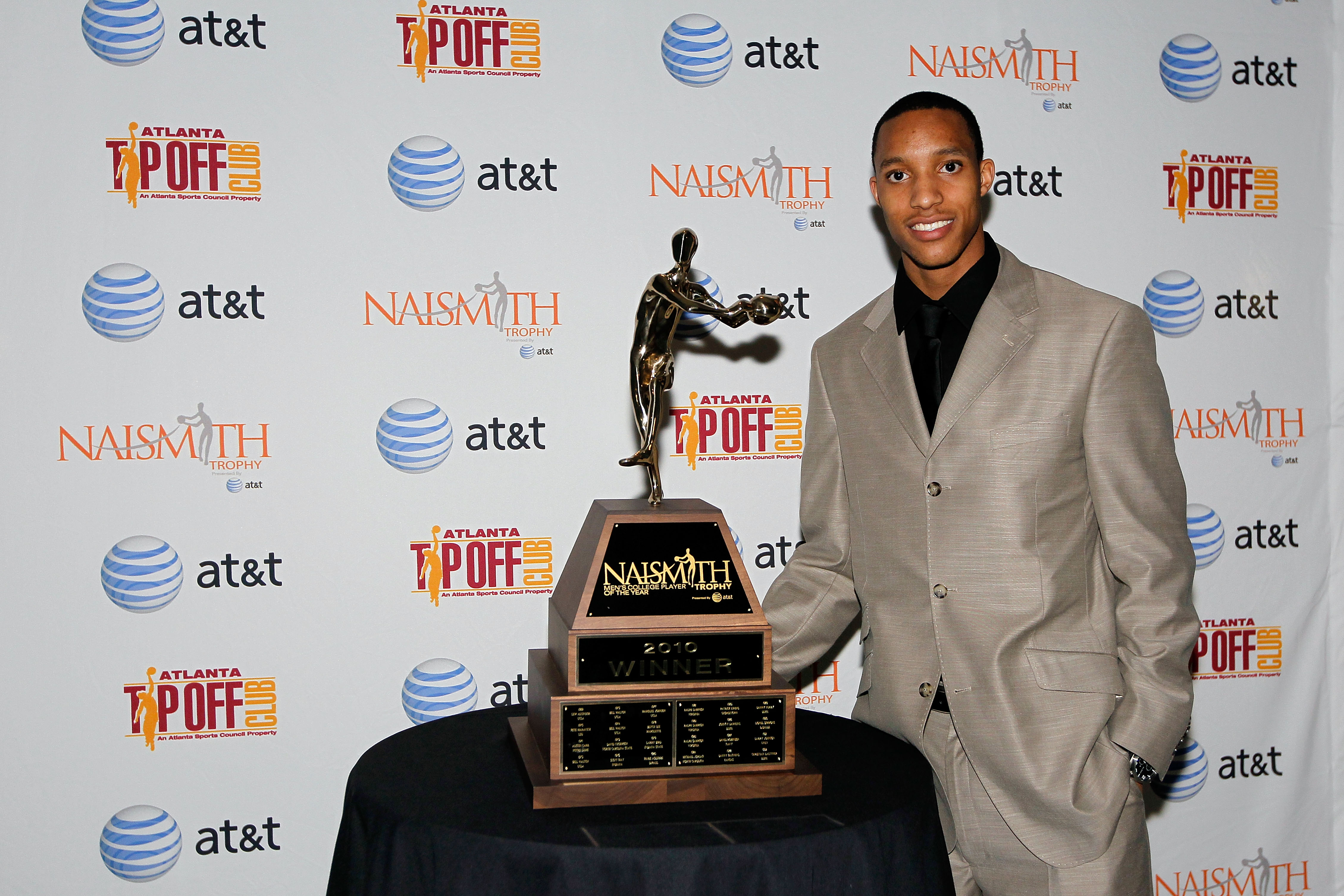 INDIANAPOLIS - APRIL 04:  Evan Turner of the Ohio State Buckeyes poses with the 2010 Naismith Men's College Player of the Year trophy during the NABC Guardians of the Game Awarding of Naismith Trophy Presented by AT&T at the Murat Theatre on April 4, 2010