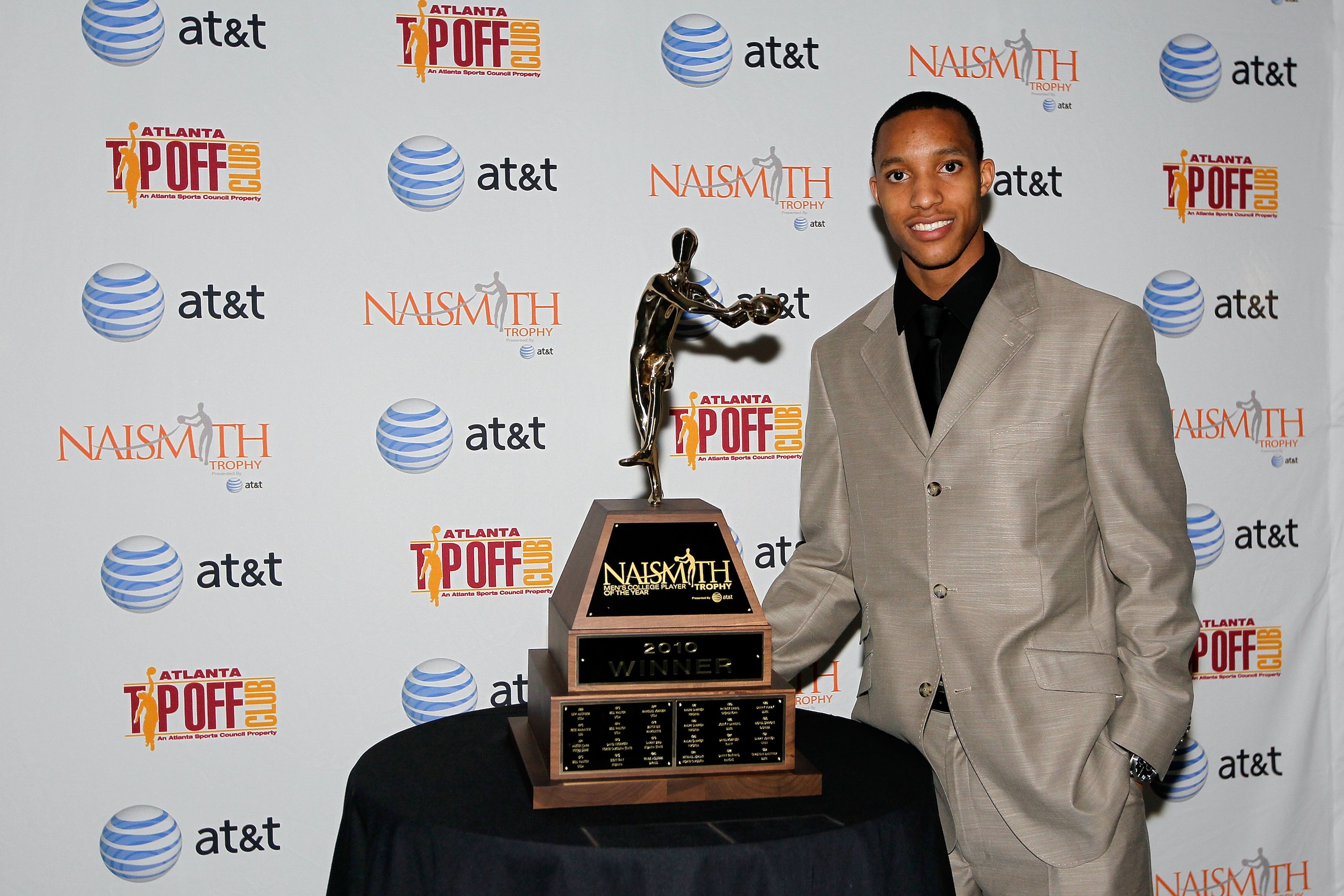 INDIANAPOLIS - APRIL 04:  Evan Turner of the Ohio State Buckeyes poses with the 2010 Naismith Men's College Player of the Year trophy during the NABC Guardians of the Game Awarding of Naismith Trophy Presented by AT&T at the Murat Theatre on April 4, 2010