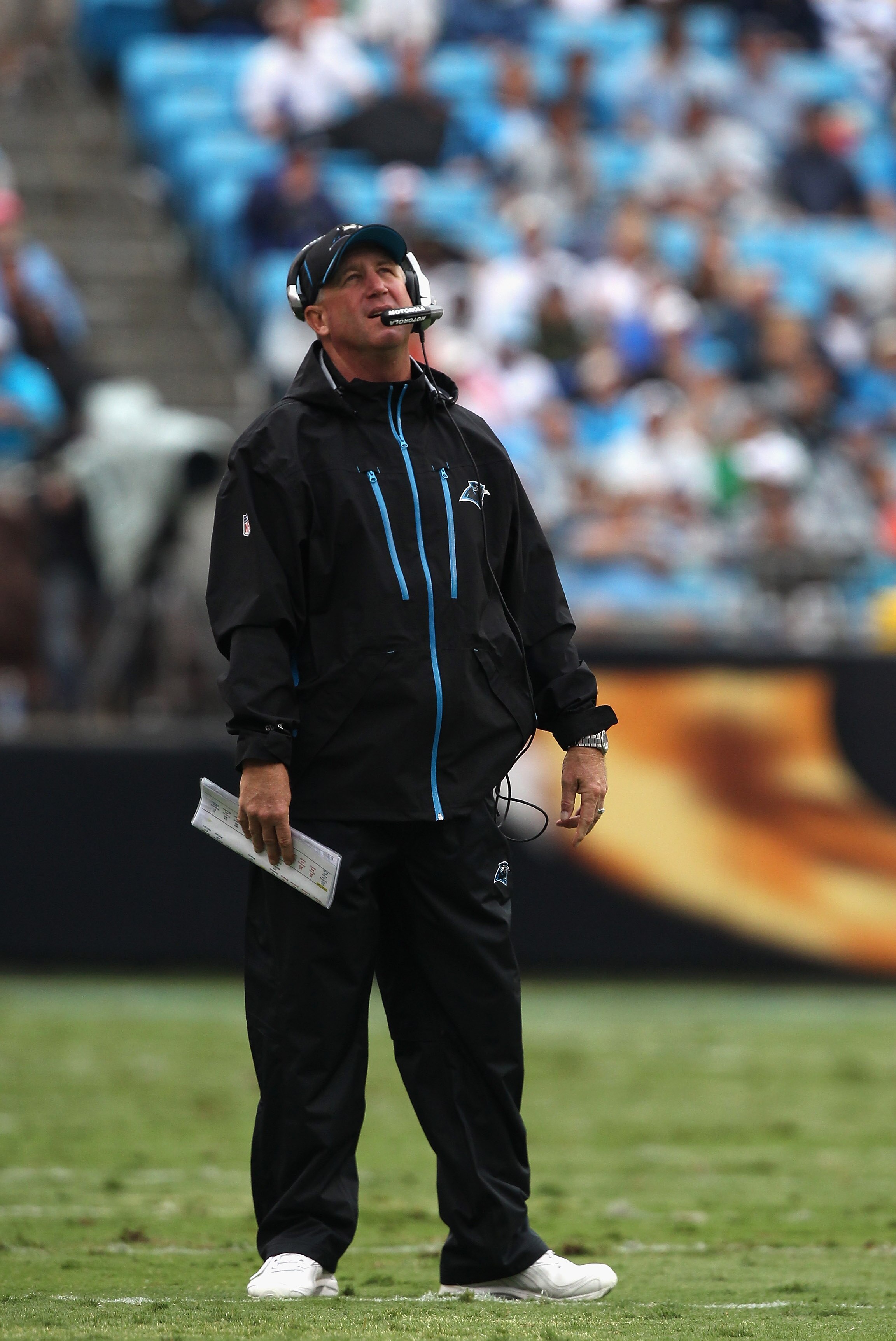CHARLOTTE, NC - SEPTEMBER 26:  Head coach John Fox of the Carolina Panthers reacts to a call against the Cincinnati Bengals during their game at Bank of America Stadium on September 26, 2010 in Charlotte, North Carolina.  (Photo by Streeter Lecka/Getty Im