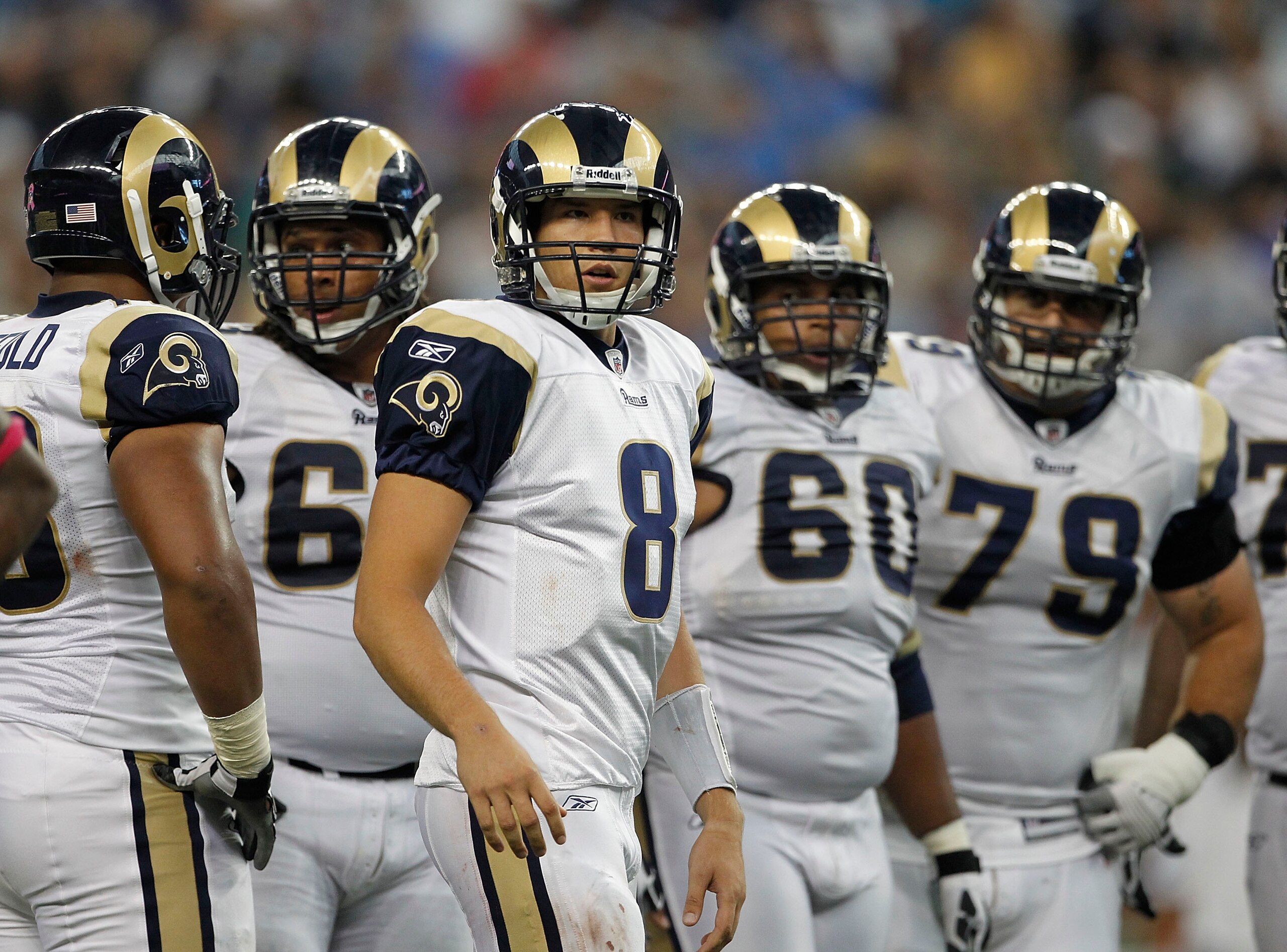 DETROIT - OCTOBER 10:  Sam Bradford #8 of the St. Louis Rams looks to the sidelines during the fourth quarter of the game against the Detroit Lions at Ford Field on October 10, 2010 in Detroit, Michigan. The Lions defeated the Rams 44-6.  (Photo by Leon H