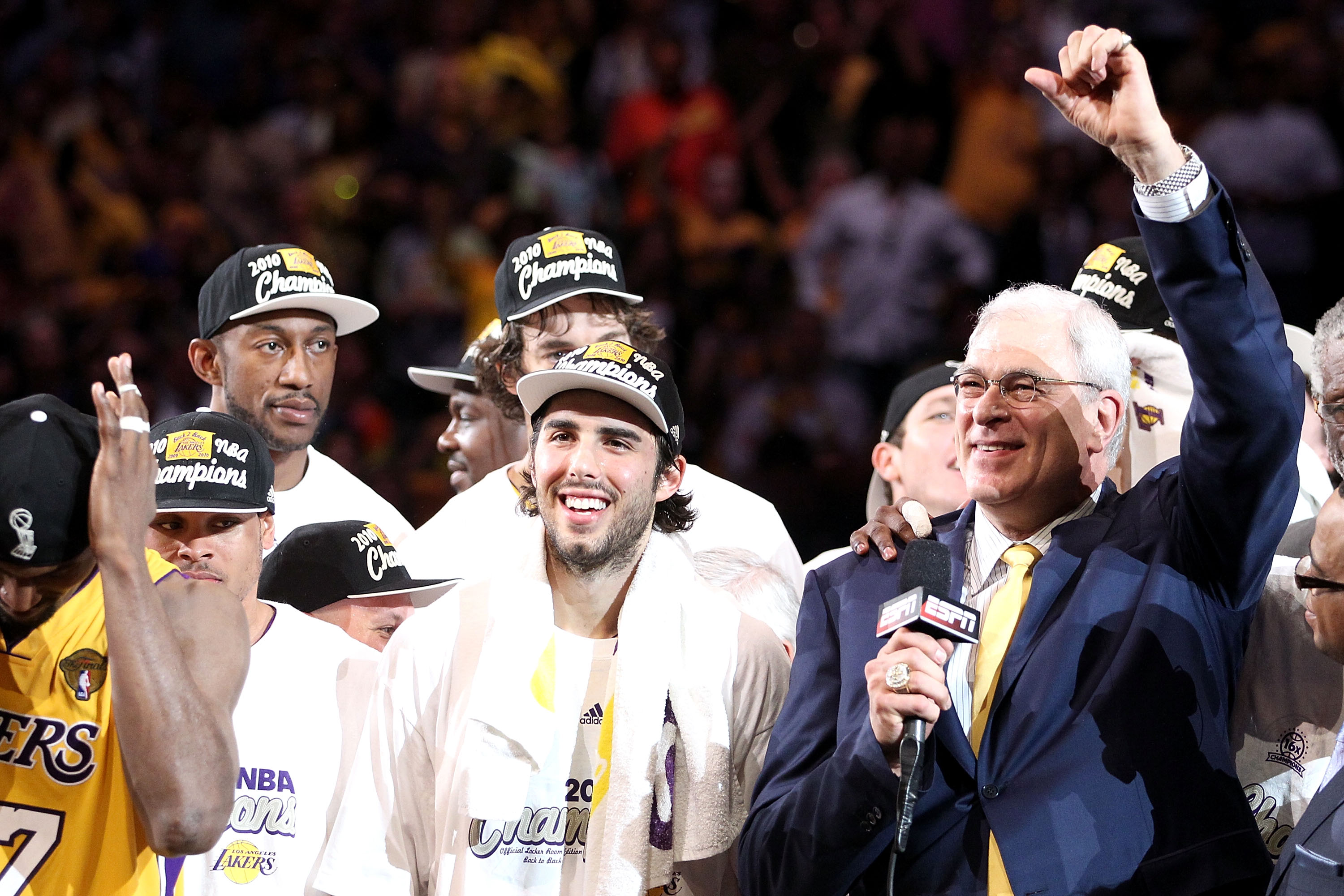 LOS ANGELES, CA - JUNE 17:  Head coach Phil Jackson of the Los Angeles Lakers celebrates after the Lakers defeated the Boston Celtics in Game Seven of the 2010 NBA Finals at Staples Center on June 17, 2010 in Los Angeles, California.  NOTE TO USER: User e