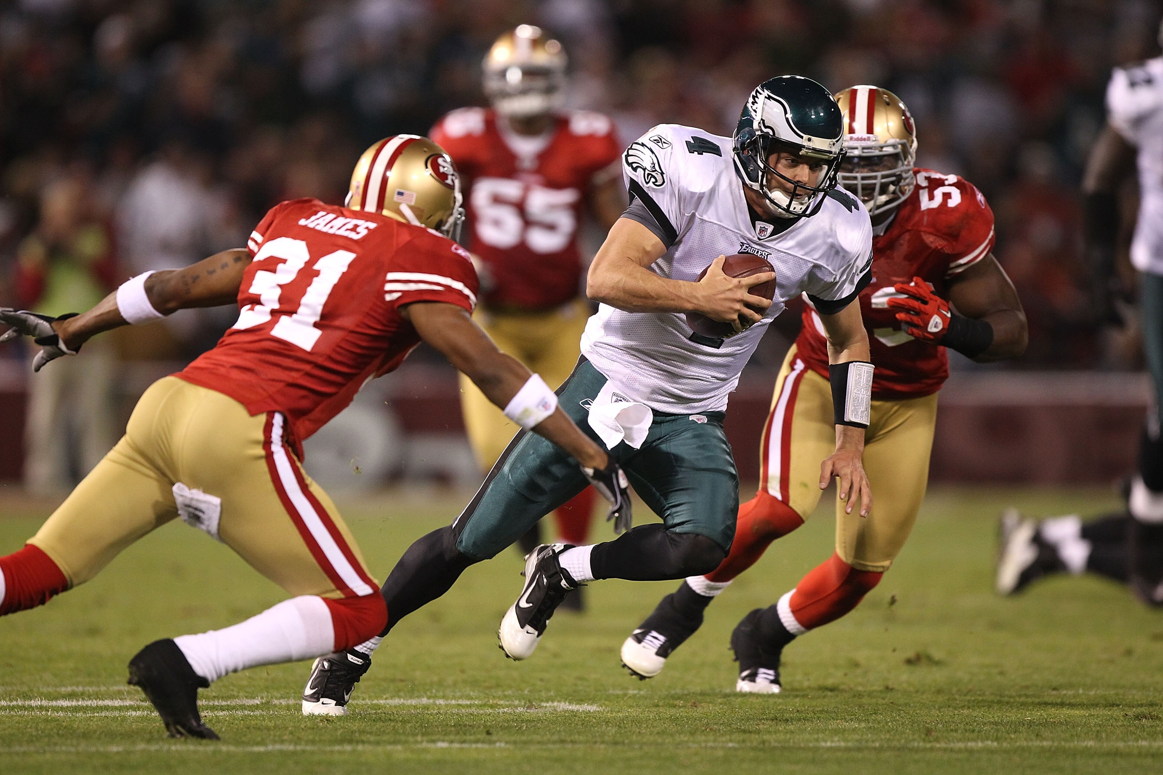 SAN FRANCISCO - OCTOBER 10: Kevin Kolb #4 of the Philadelphia Eagles runs against the San Francisco 49ers during an NFL game at Candlestick Park on October 10, 2010 in San Francisco, California. (Photo by Jed Jacobsohn/Getty Images) SAN FRANCISCO - OCTOBER 10: Kevin Kolb #4 of the Philadelphia Eagles runs against the San Francisco 49ers during an NFL game at Candlestick Park on October 10, 2010 in San Francisco, California. (Photo by Jed Jacobsohn/Getty Images)