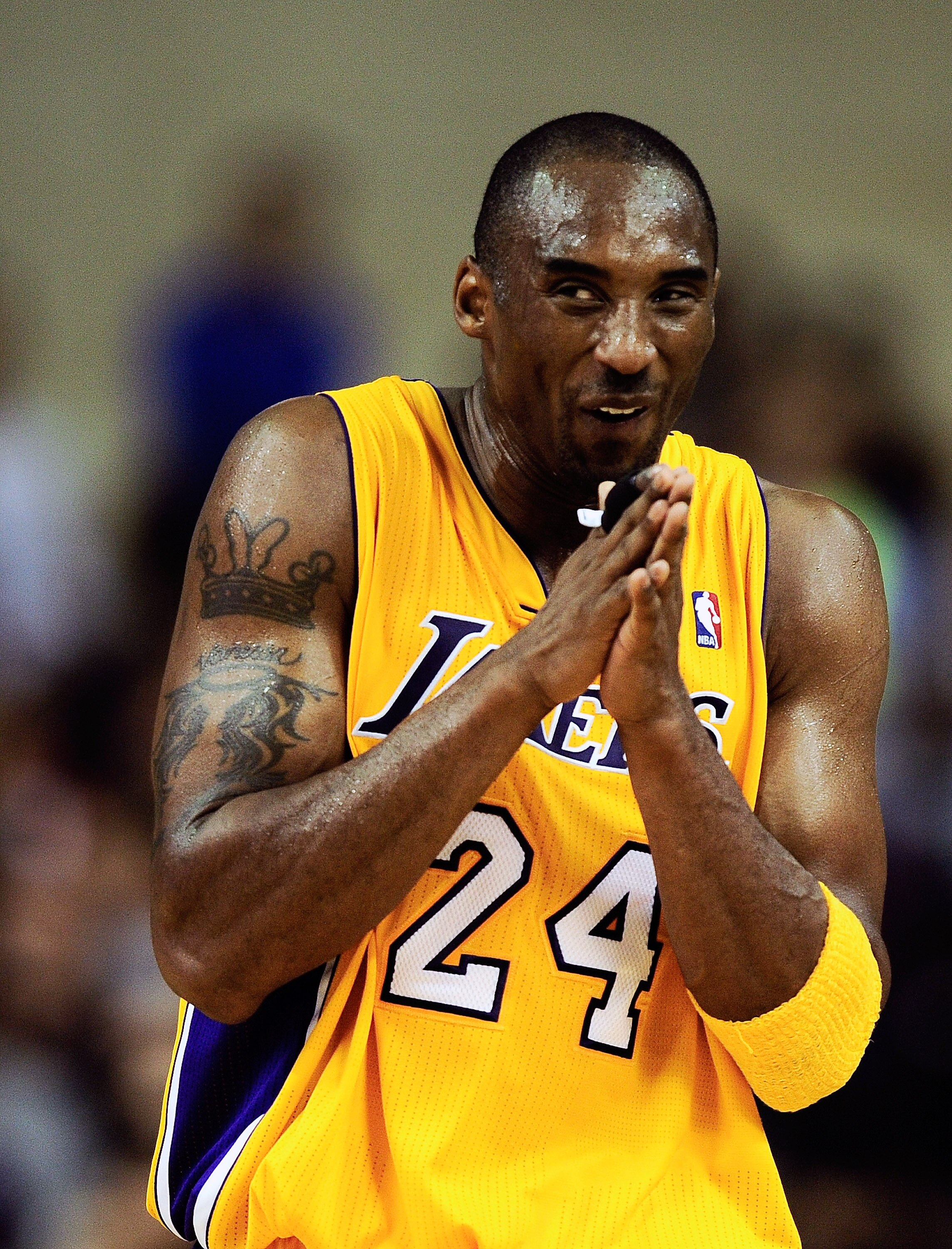 BARCELONA, SPAIN - OCTOBER 07:  Kobe Bryant #24 of the Los Angeles Lakers reacts during the NBA Europe Live match between Los Angeles Lakers and Regal FC Barcelona at the at Palau Blaugrana on October 7, 2010 in Barcelona, Spain.  (Photo by David Ramos/Ge