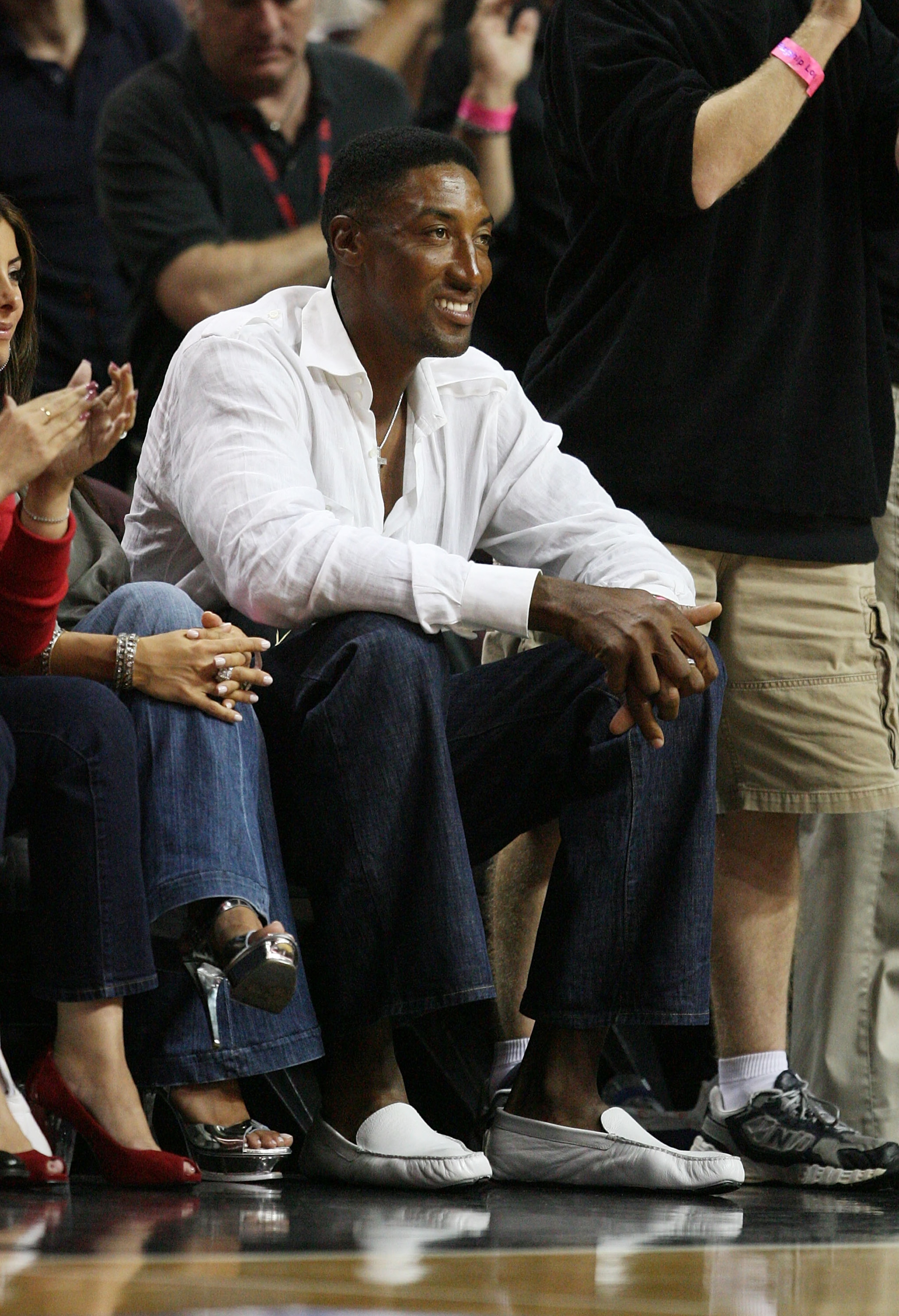 MIAMI - MAY 01:  Former NBA player Scottie Pippen watches the Miami Heat take o n the Atlanta Hawks during Game Six of the Eastern Conference Quarterfinals at American Airlines Arena on May 1, 2009 in Miami, Florida. The Heat defeated the Hawks 98-72. NOT